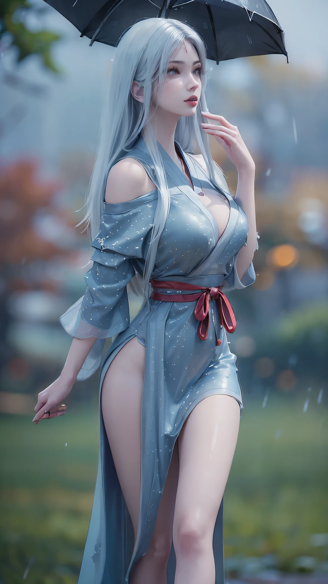 ((Best Quality, 8k, Masterpiece: 1.3)), Focus: 1.2, Perfect Body Beauty: 1.4, Buttocks: 1.2, ((Layered Haircut)), (Wet Clothes: 1.1), (Rain, Street:1.3), (Breasts: 1.2), (Hanfu: 1.2), Bare Shoulders, Bare Legs, Highly Detailed Face and Skin Texture, Fine Eyes, Double Eyelids, Whitened Skin, Long Hair, (Shut Up: 1.5), (Bokeh Background: 1.5), Big Breasts