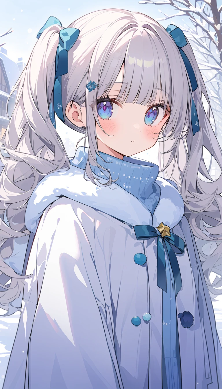 silver hair 。Blunt Bangs。 twin tails。Curly Hair。 cute女の子。 cute笑顔。 Beautiful Eyes。Winter Town 。Snow is falling。 cute。 looks, high resolution, anatomically correct, best quality , high detail ,