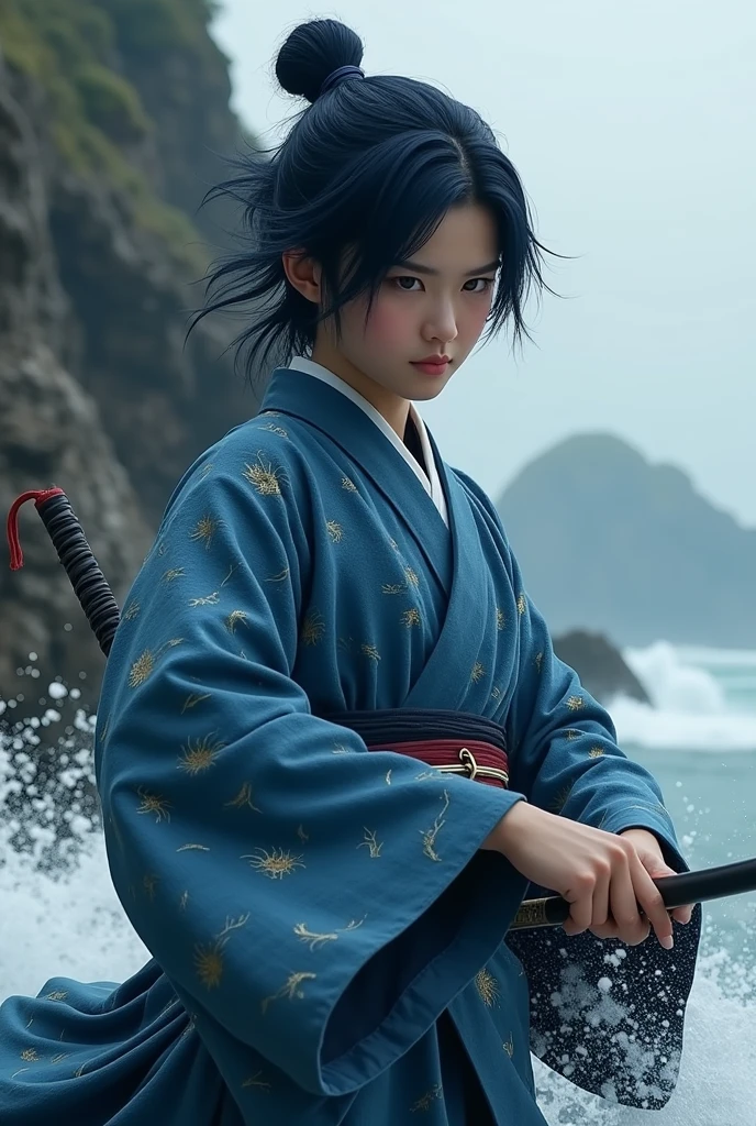 Black Hair、Short Hair、Light blue kimono、sword士、sword、swordに水が纏う、Water Magic、Water Flow Slash、