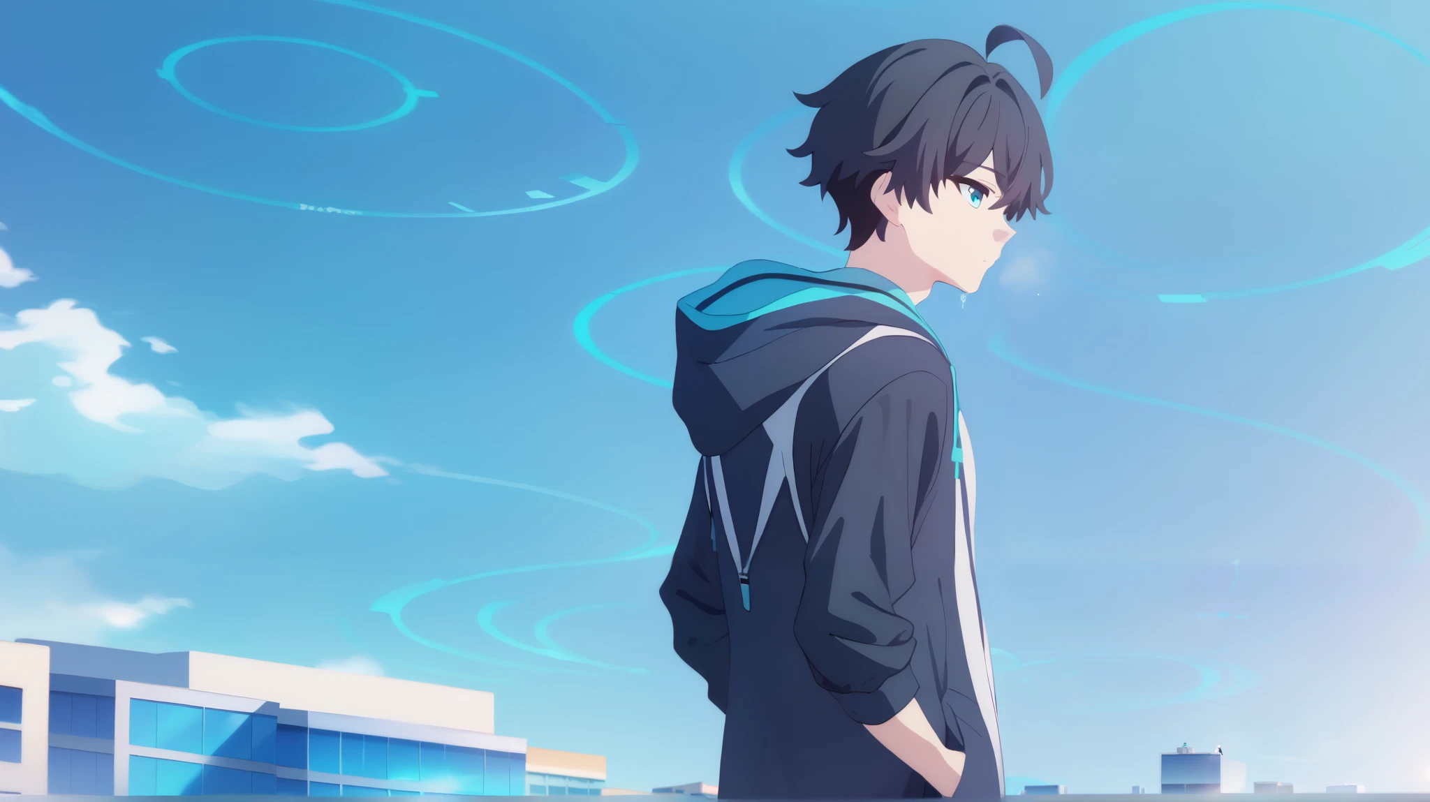 1boy, solo, blue eyes, black hair with blue gradient, expressionless, cold, white shirt, long black hoodie robe with blue inside, ahoge, black trousers, bangs covering right eye, hands in pockets, outside, from behind, beautiful blue sky, city, super detail, high details, high quality, best quality, highres, 8k, UHD