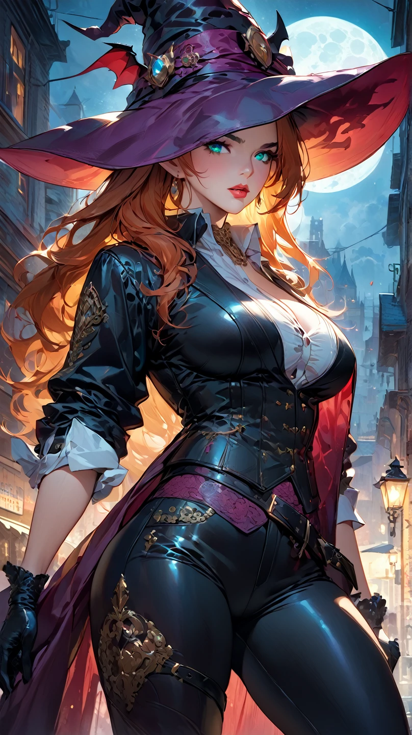 (Artwork of exceptional craftsmanship),(Detailed illustrations,(Very ideal anatomy),Very detailed and detailed drawing,Delicate lines with slow and rapid,(Realistic texture expression)),[Color tressed main line],Boiler room background [Golden Gears,Brass Pipe,[Dancing Flames]],HENTAI Anime Fire Witch (Beautiful fece) 19 years old, fiery redhead [Very long long hair] [voluminous thin chest] Thick thighs,[Clear skin, vitality],Witch's Hat Enamel Leather Suit Thigh Boots [Ruby piercings on the navel] [[Phoenix crest]] [Ruffled lace embroidery],[SteamPunk] gravure,(Perfectly proportioned),(Fine and beautiful skin expression [realistic skin detail]),[Design built to the highest level,[Advanced structural understanding of materials],Ideal color coordination],(Intricate and beautiful decoration [Dense detail]),(More on shiny hair),[Perfect hand details [Beautiful Finger]],(Beautiful perfect face [Realistic face details]),[Clear gaze],[long and beautiful eyelashes],[Perfect eye details (Eyes beautifully drawn down to the smallest detail)],(detaileds,high-detail),([Precision Detail],[multi-layer texture],HighQuality,hight resolution),[(Accurate simulation of light-material interactions),Understanding Airflow,Mechanically correct representation],[Visual art that conveys a sense of narrative] [Full body like],[[Desaturation]].