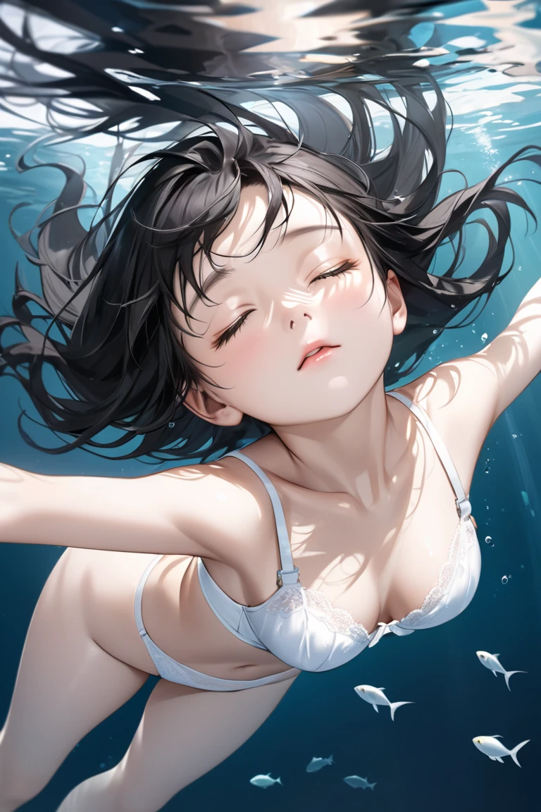 (Highest Resolution, clear_image) Highest quality, single, One woman, alone, masterpiece, Very detailed, Semi-realistic, Black Hairのショートヘア, Black Hair, bangs, 18-year-old, mature, Light blue , Indoor Background, kind, Authoritative, Powerful, exquisite features, exquisite features、Eyelashes become longer、Showing teeth、smile😀、(Swimwear)、woman&#39;Fingers in the、(bikini)、