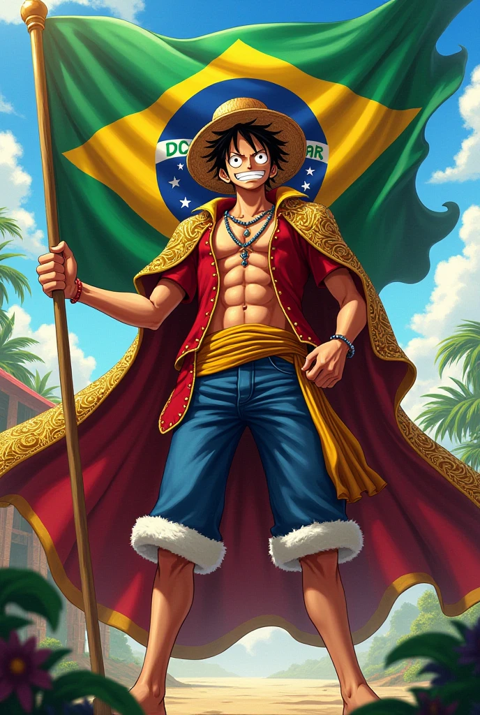 Luffy Gear 5 laughing with a photo of the Brazilian flag in the background