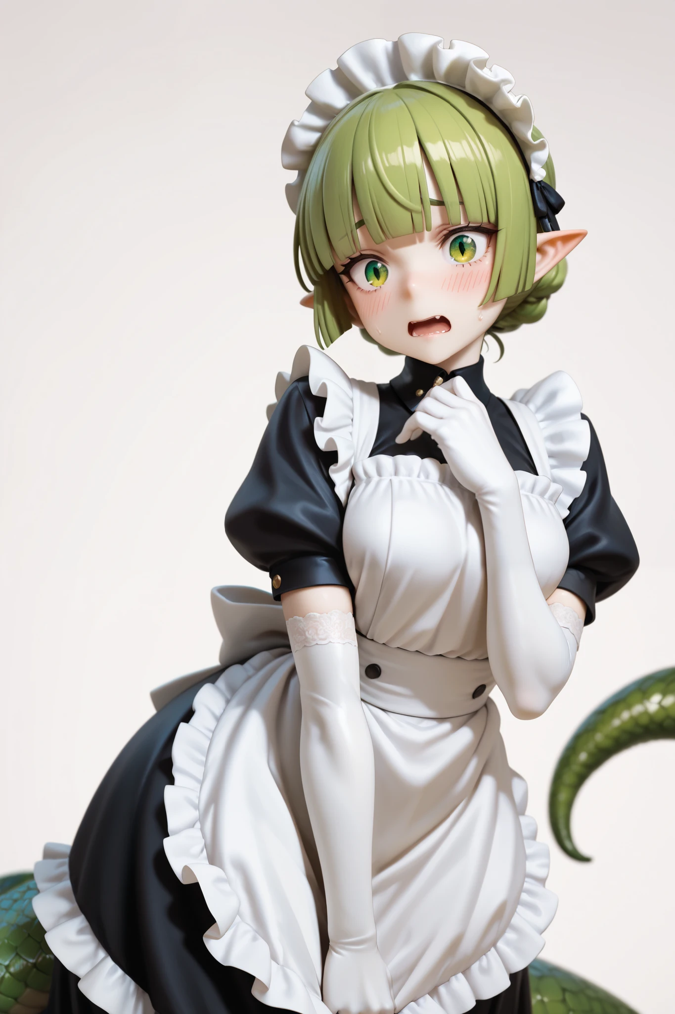 masterpiece, best quality, amazing quality, very aesthetic, high resolution,
rakkle, slit eyes, lamia, pointy ears, green hair, gloves, maid headdress, apron, green eyes, scales, monster girl, victorian maid, elbow gloves, white gloves, blush, bangs, open mouth, maid, medium breasts, jewelry, 1girl, maid apron, blunt bangs, short hair, frilled apron, tail, white background,