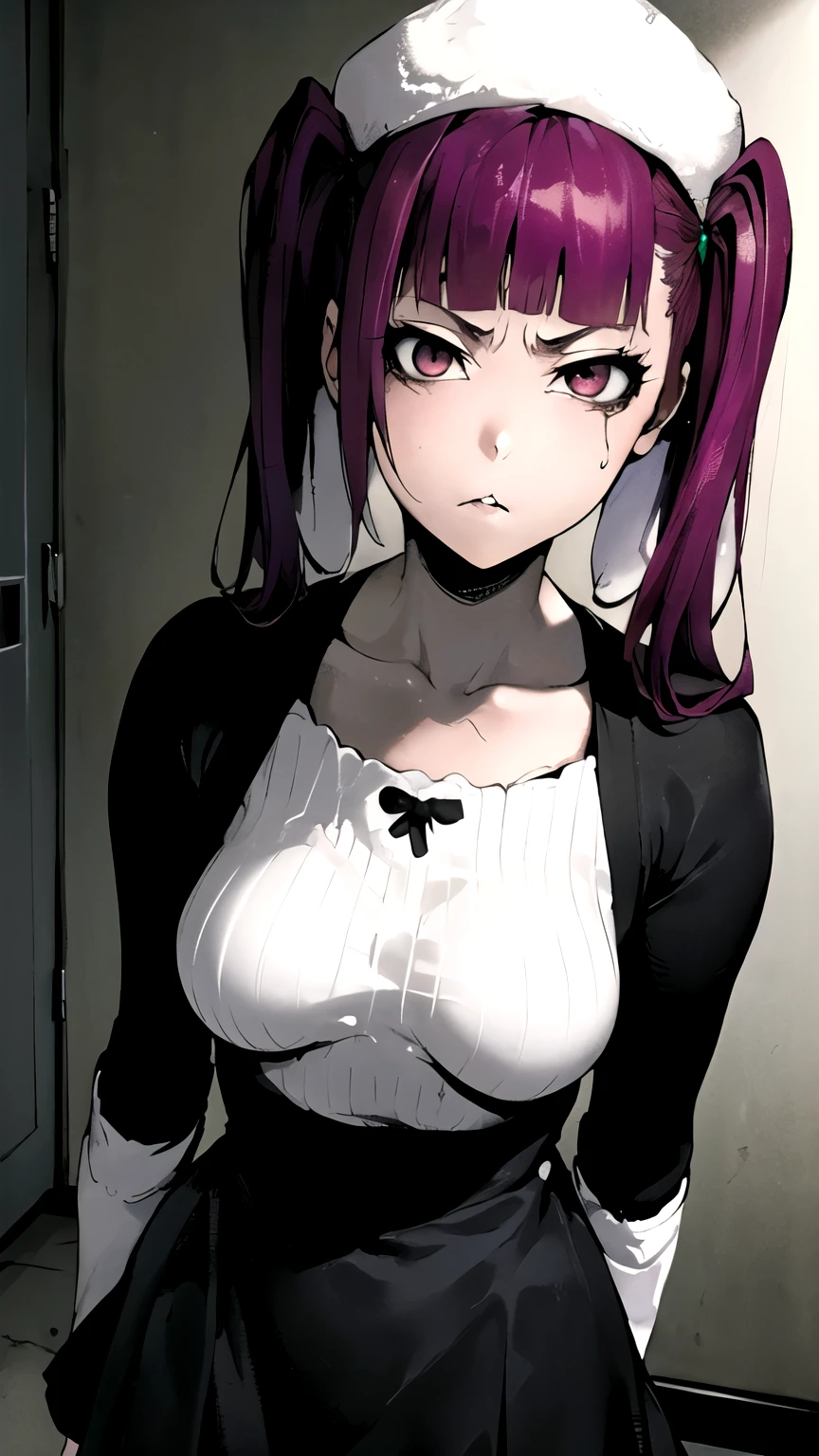 ((masterpiece,best quality)), {DATE_artstyle_LoRA : Manga_Style} {horror_edit} {horror_edit : creepy_room_aura} {partially_monochrome} { rirukadokugamine :(purple hair, twintails, long hair, blunt bangs, cute), perfectly_shape_breast : perfectly_slender_body } { dress : black and white dress , hat, black_skirt : black thighhighs } {standing} { no_emotion : hypnotic_eyes : hypnotized_eyes : lazy_eyes} { sweating } { : dark otaku room : creepy : messy}