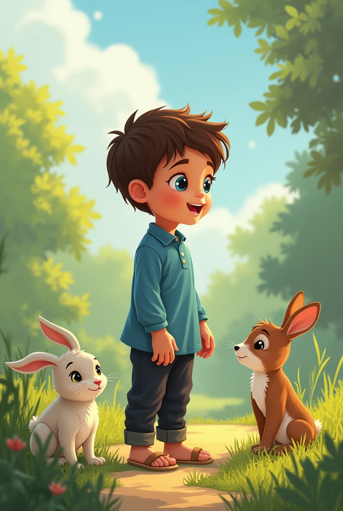 fantasy illustration, (( boy)) finding a small one in the garden ((rato animal)) who wears a small blue hat.