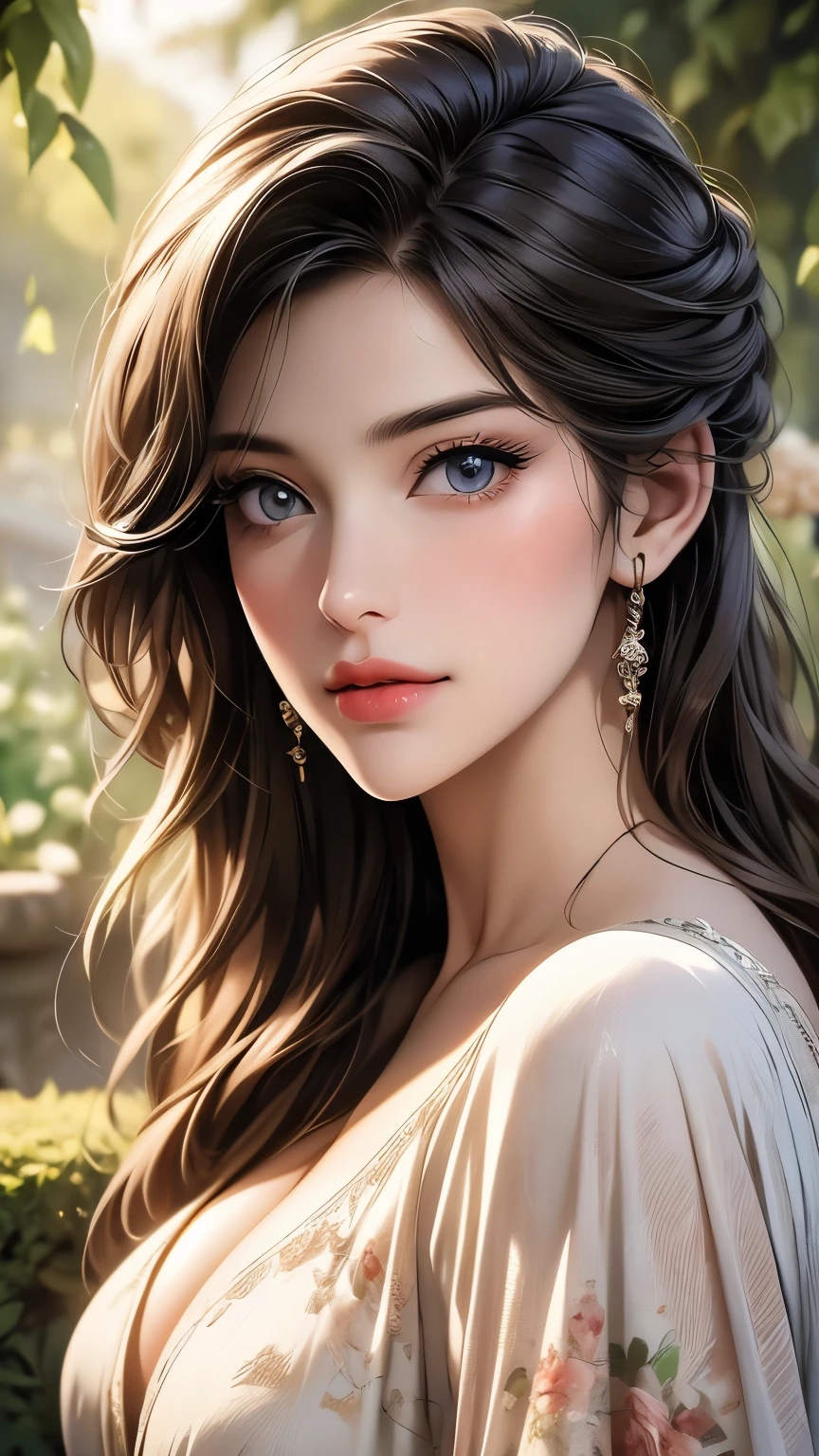 (highest quality,4k,8k,High resolution,masterpiece:1.2),super detailed,(realistic,photorealistic,photo-realistic:1.37),detailed and beautiful eyes,dense and beautiful lips,highly detailed eyes and face,long eyelashes,[garden, Bright colors,soft natural light,romantic atmosphere,vivid flowers, flowing dress,feminine and elegant pose,Happy and confident look, High fashion style, Dreamy scenery, fine art portrait, art print quality, oil painting techniques, impressionist style.smiling with his mouth closed
