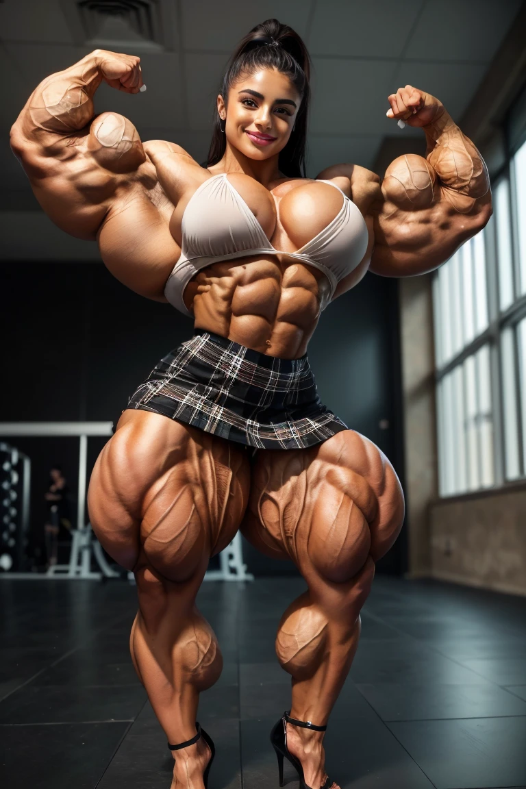 old queen latifah, heavily muscled iffb pro female bodybuilder,masterpiece, best quality, 1girl, vpl, button up shirt, pink oil glossy compression leggings, Christmas hat, risque, smirk, biceps, leaning back in chair,