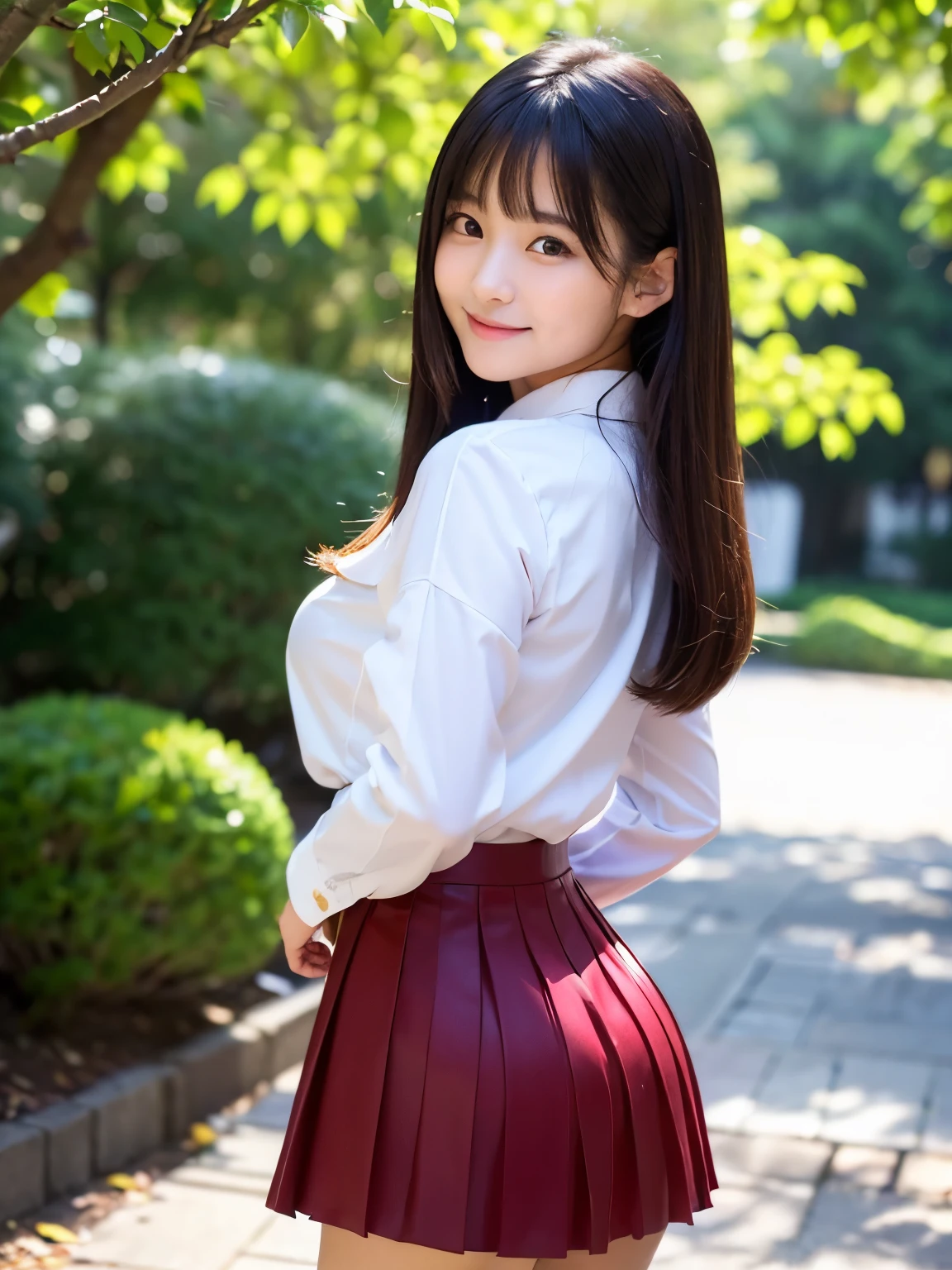 (highest quality,8k,High resolution:1.2),(Beautiful and realistic Japanese:1.6)、(Cute Japanese Girl:1.4),(Huge breasts:1.25),(Attractive body),(school uniform,Honor student,Pleated skirt,Sailor collar,White shirt:1.2)、(Exposing her ass、Big Ass)、19 years old、Professional、(Woman in love、The joy of loving、Incite)、Happy、National park、forest、sun、gravure、
