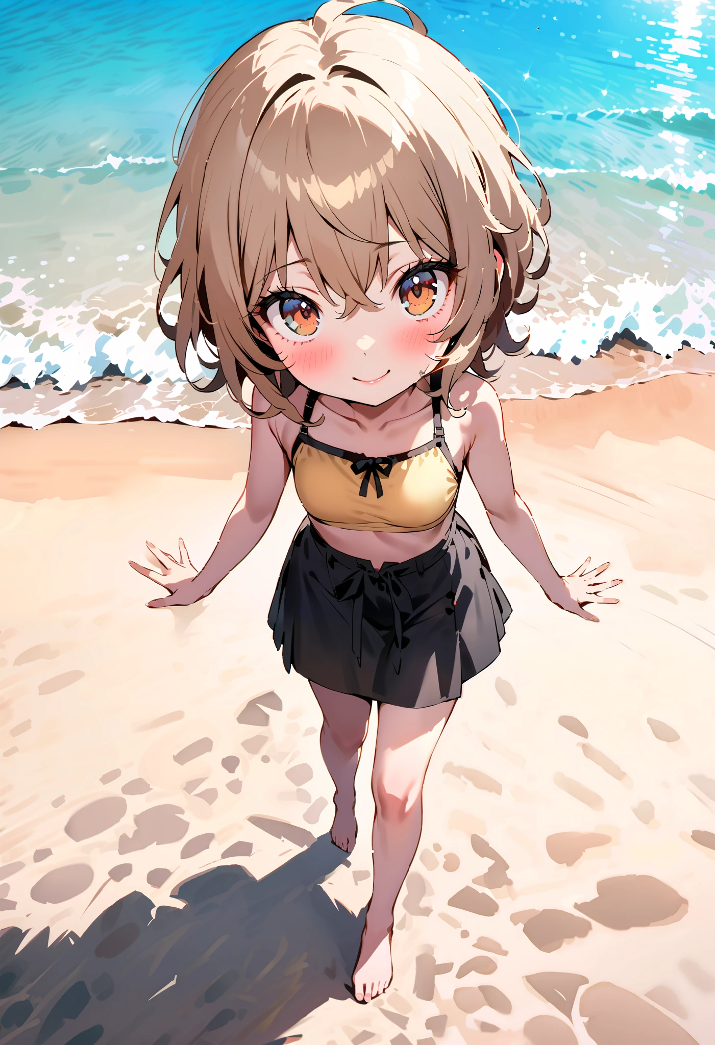 Liliru Card, Lilyrka is burning , brown eyes, tea hair, short hair while on a business trip, smile,blush, mouths, small boobs ,Yellow bikini swimsuit,黒色 Beach サロン, I am wearing a long black skirt around my waist, walking , barefoot,Bare legs,whole bodyがイラストに入るように,
break looking at viewer,whole body,
break indoors, sandy beach, Beach ,,
break (Masterpiece:1.2), best quality , high resolution, Unity 8K Wallpaper , (shape:0.8), ( accurate and beautiful eyes :1.6), very elaborate face , PERFECT LIGHTING , I rely on very accurate CG , (perfect hand, perfect anatomy),