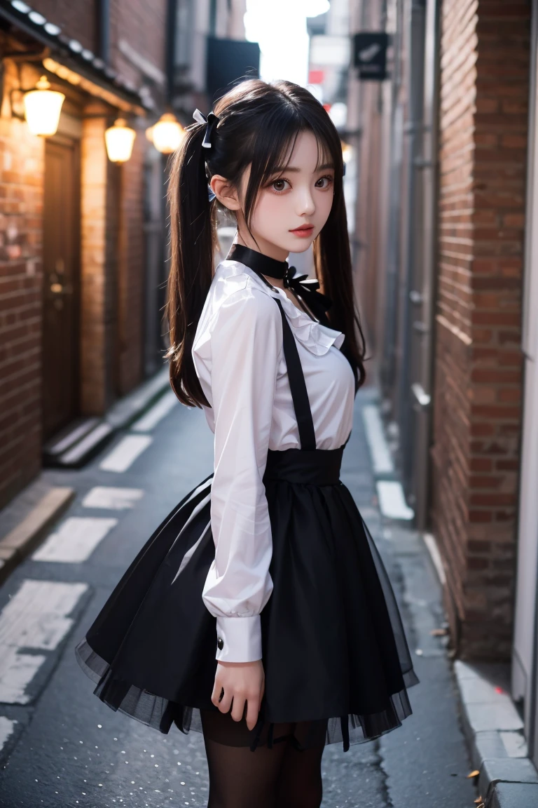 1girl, twintail, upper_body, Polka dot blouse, High-waisted skirt, Ankle socks, Platform loafers, and cute hair accessories.