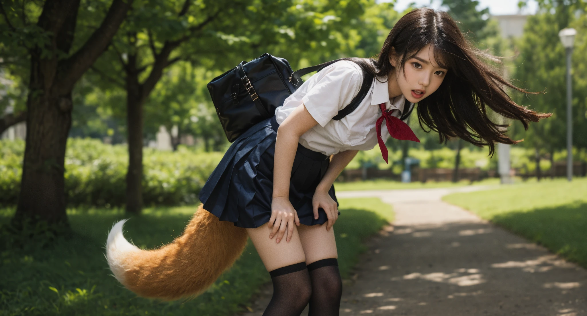 Girl with a fox tail walking on the city street, Fox tail, Furry tail, fluffy tail, thick fluffy tail, thick tail, Tailed, a hyperrealistic schoolgirl, tail, foxgirl, a hyperrealistic schoolgirl, in the city street, Bushy tail, long elegant tail behind, white panties, a picture, top-quality