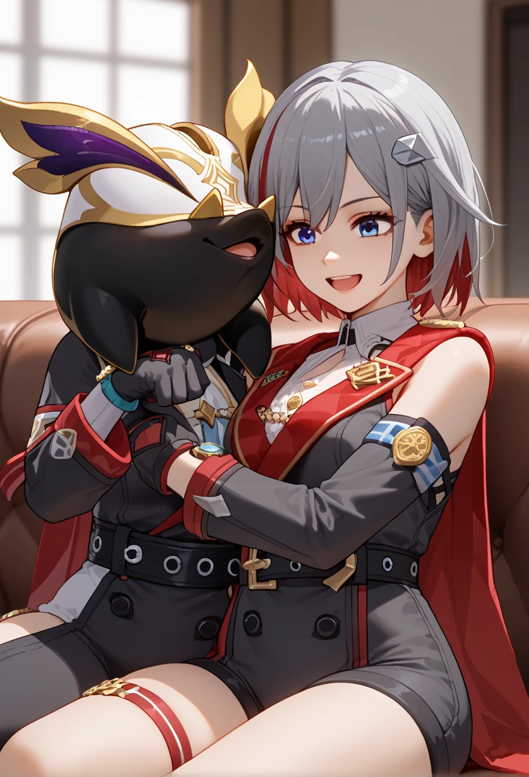  score_9,  score_8_up,  score_7_up,  source_Anime,  1 girl , ,  blue eyes, Red Hair,  white-haired, Grey Hair, multicoloRed Hair,  Bicolor Hair ,  striped hair, Colored inner hair,  shorthair,  hair ornament ,  Big Breasts , Bare Skin,  detached sleeve, gem,  white shirt,  colored shirt ,  clevis,  button gap ,  clevis cutout,  clothes cutout , Covered navel,  Black Gloves , elbow gloves, black belt,  black shorts ,  hip vent,  thigh strap to hide one ear, Mole on thigh,  red cloak, side cape ,  standing, the smell of topaz ,Topaz is a monkey fist wielder , Topaz is steeped in the smell of fighting , Topaz is learning martial arts self-defense techniques ,Topaz is in a normal posture , Topaz learned to fight from an early age , Topaz was raised by Irene in Virtua Fighter 5 to become a monkey fist, smile,  open mouth,  watch viewers, Wavy, hands on ,  portrait, close-up, indoor,  Space Station , Spaceship, starry null, star \(null\), moon, Namby, pig, animal, 