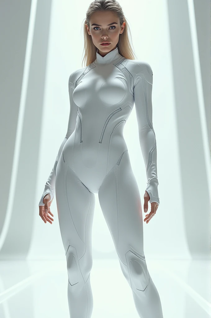 Gwen stacey standing on a roof, wearing spider-gwen suit, white spiderman suit, symmetrical face, freckles, blonde hair, night scene, side lighting, cyberpunk lighting, depth of field, realistic,, hdr, 4k, 8k, raw, hyper detailed, trending on Instagram, arafed woman fully , sexy girl with blue eyes, ultra realistic, meticulously detailed, portrait sophie mudd, blonde hair and large eyes, selfie of a young woman, bedroom eyes, violet myers, without makeup, natural makeup, looking directly at the camera, face with artgram, subtle makeup, stunning full body shot, large size bust