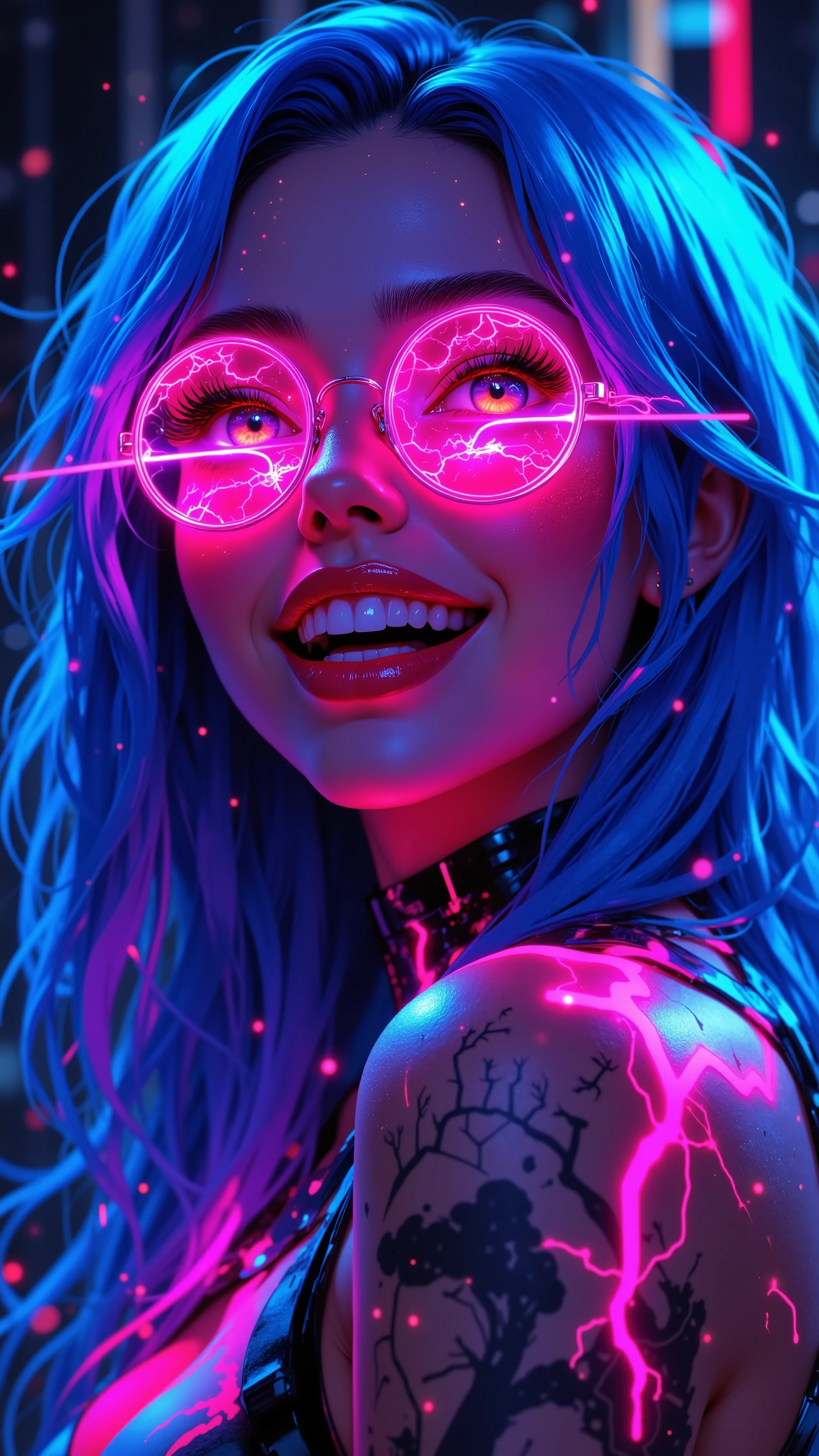 8k, Masterpiece, Top Quality, Vibrant digital art, smiling woman with electric blue hair, round sunglasses reflecting neon pink lightning, cyberpunk aesthetic, bright teeth, cloud tattoo on shoulder, ethereal glow, sparkles, hyper-realistic skin texture, vivid colors, dynamic lighting, 3D render style, close-up portrait, futuristic, anime influence, high contrast, glossy lips