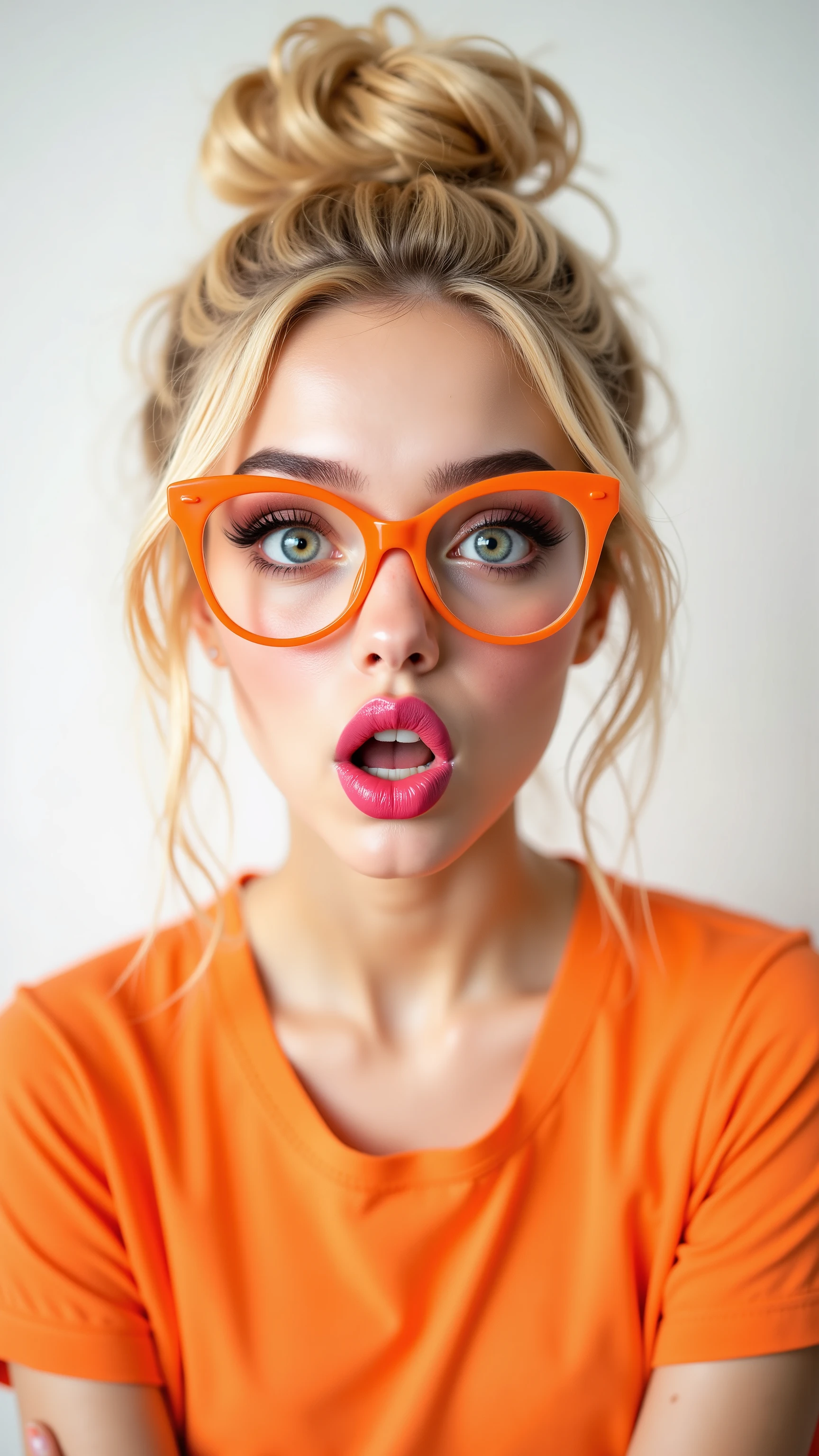Masterpiece, Top Quality, Portrait, blonde hair, cat-eye glasses, playful expression, puckered lips, pink lipstick, orange top, white background, close-up, vibrant colors, whimsical, retro-inspired, high-contrast, studio lighting, fashion photography, trendy eyewear, youthful energy, hair messy bun, bright makeup, expressive eyes, sharp focus