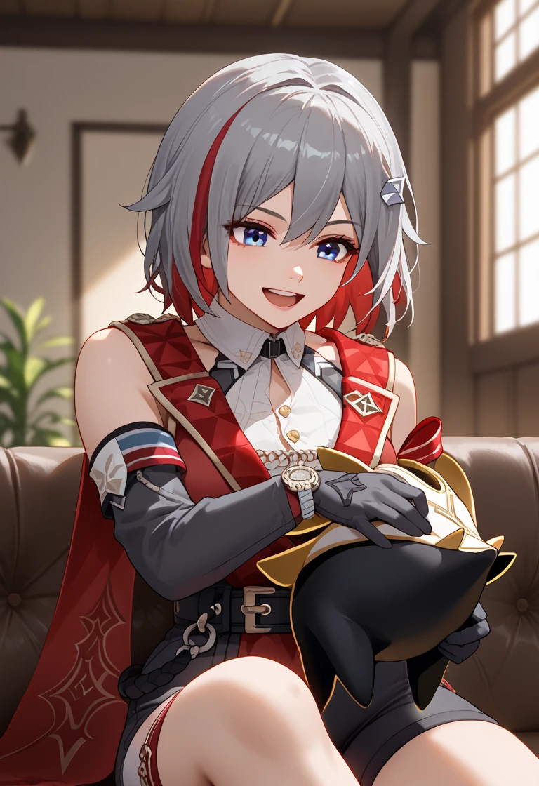  score_9,  score_8_up,  score_7_up,  source_Anime,  1 girl , ,  blue eyes, Red Hair,  white-haired, Grey Hair, multicoloRed Hair,  Bicolor Hair ,  striped hair, Colored inner hair,  shorthair,  hair ornament ,  Big Breasts , Bare Skin,  detached sleeve, gem,  white shirt,  colored shirt ,  clevis,  button gap ,  clevis cutout,  clothes cutout , Covered navel,  Black Gloves , elbow gloves, black belt,  black shorts ,  hip vent,  thigh strap to hide one ear, Mole on thigh,  red cloak, side cape ,  standing, the smell of topaz ,Topaz is a monkey fist wielder , Topaz is steeped in the smell of fighting , Topaz is learning martial arts self-defense techniques ,Topaz is in a normal posture , Topaz learned to fight from an early age , Topaz was raised by Irene in Virtua Fighter 5 to become a monkey fist, smile,  open mouth,  watch viewers, Wavy, hands on ,  portrait, close-up, indoor,  Space Station , Spaceship, starry null, star \(null\), moon, Namby, pig, animal, 