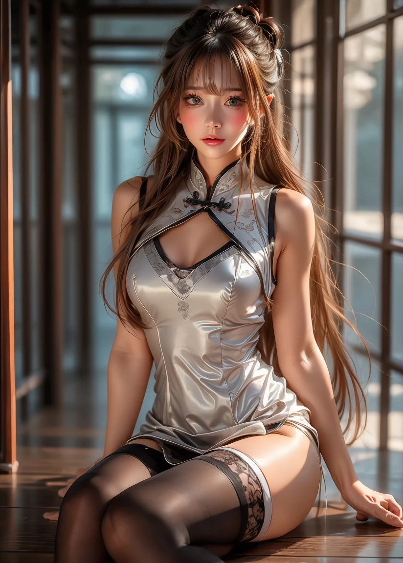 ultra high resolution、super high quality、8k、Detailed details、great expression、1 female、Tall and slender woman、small breasts、long brown curly hair、Red satin see-through dress with luxurious hair ornaments、luxury hotel dance party background、