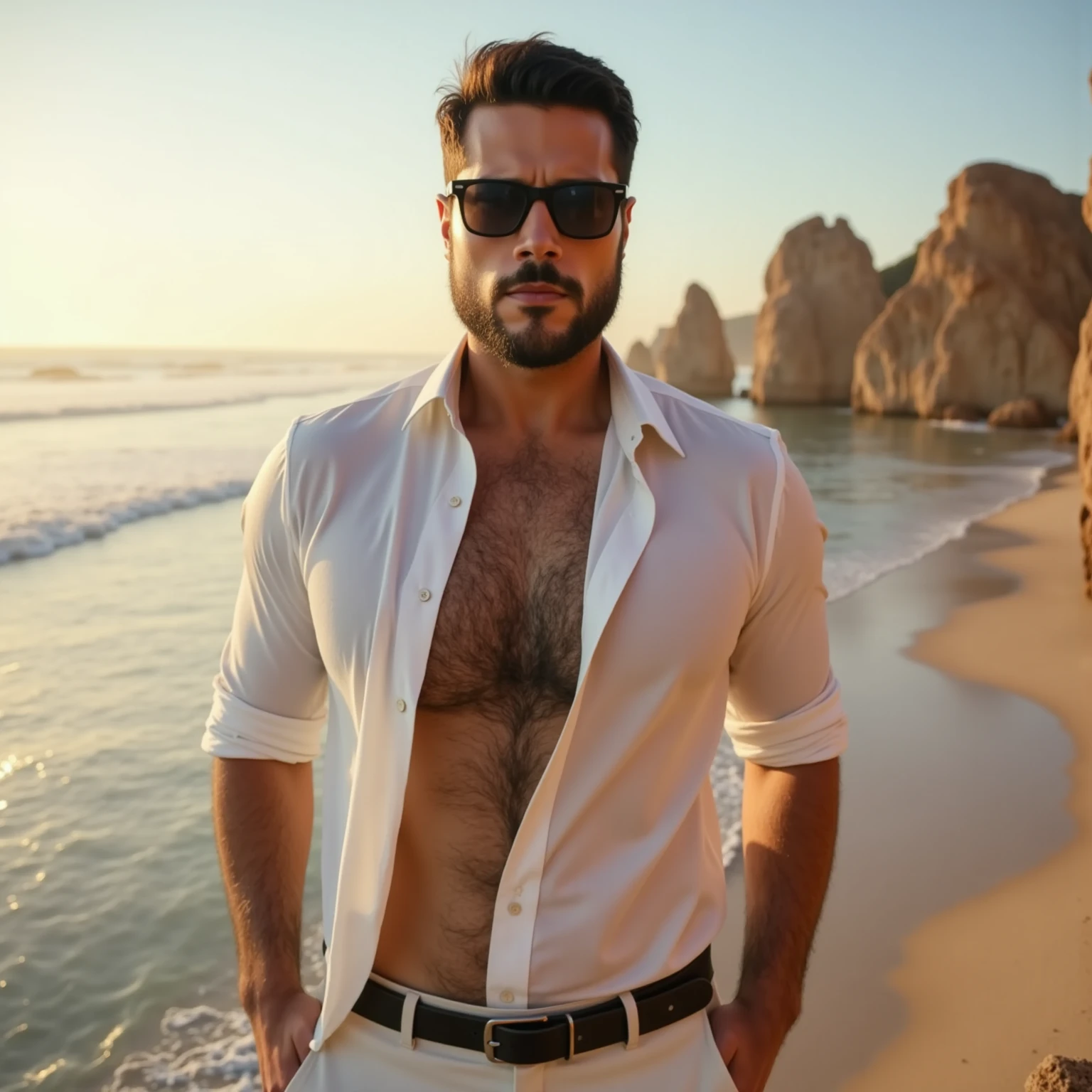 Manly man with beard and white clothes standing in the crater of a volcano, cuerpo musculoso, enfoque en el pectoral, pectorales grandes, pectorales sin vello, cara definida, obra de arte, pelo cepillado, piel morena