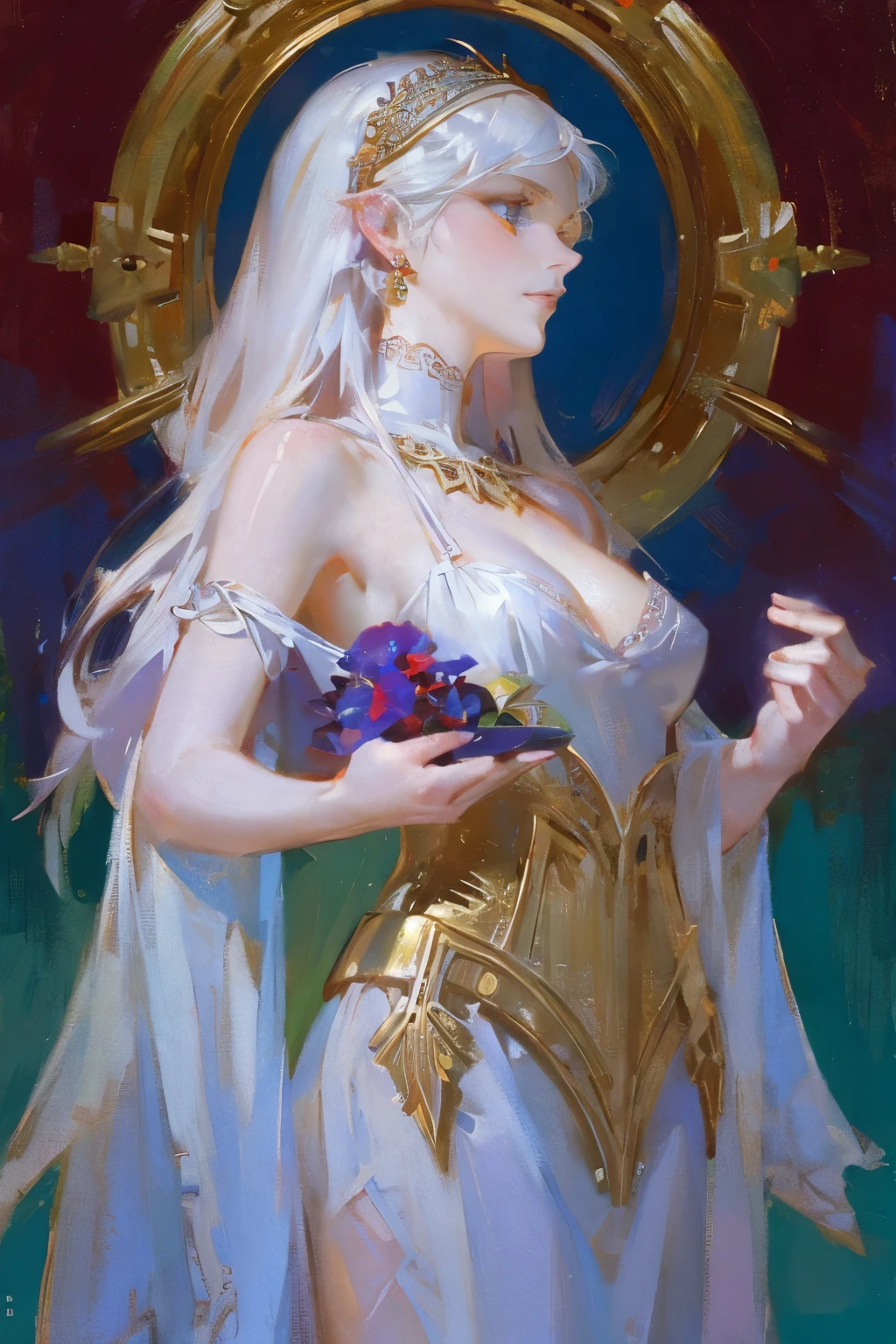 neon, garden, red and blue tones, a girl dressed in a pale white simple silk dress with silver embroidery, a face similar to Daenerys, long white hair, stunning blue eyes, expressive breasts, gold jewelry, delicate face, intricate details, beautiful fantasy setting, 8K, HD