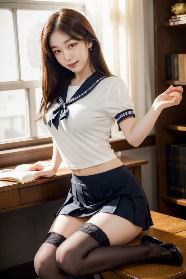 ((masterpiece)), ((Highest quality)), (Very detailedな), ((Very detailed)), 4K, (8k), Highest quality, (beautiful), Upper Body, Looking up from below, Whole body concentration, In the school classroom, Cute Woman, 1 female、beautiful mature woman, alone, (Sailor suit、Pleated mini skirt、Over the knee socks), beautiful light brown hair, ((beautiful eyeedium hair, Hip, Embarrassing, (Showing white panties:1.2),Lens flare, Shiny, Shine、Smooth thighs、The body is slim、Small Ass、Japanese actress face、Semen-stained ass