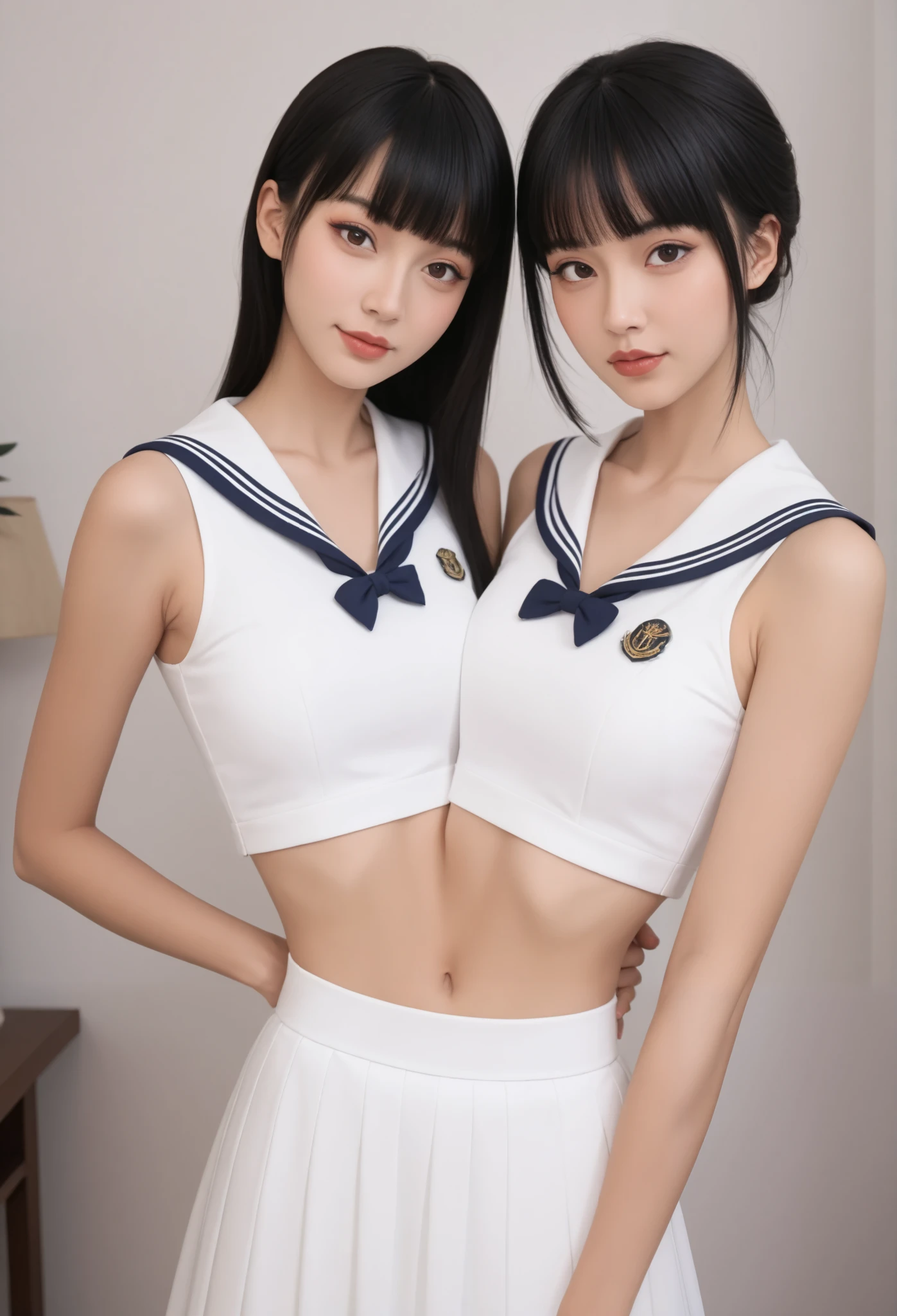 best resolution, 2 heads, woman with two heads, conjoined,tall, black hair curtain bangs with doulder length hair, mm, flirty expression, wearing a sailor uniform, wearing makeup, round faces, midriff, midriff, indoors,