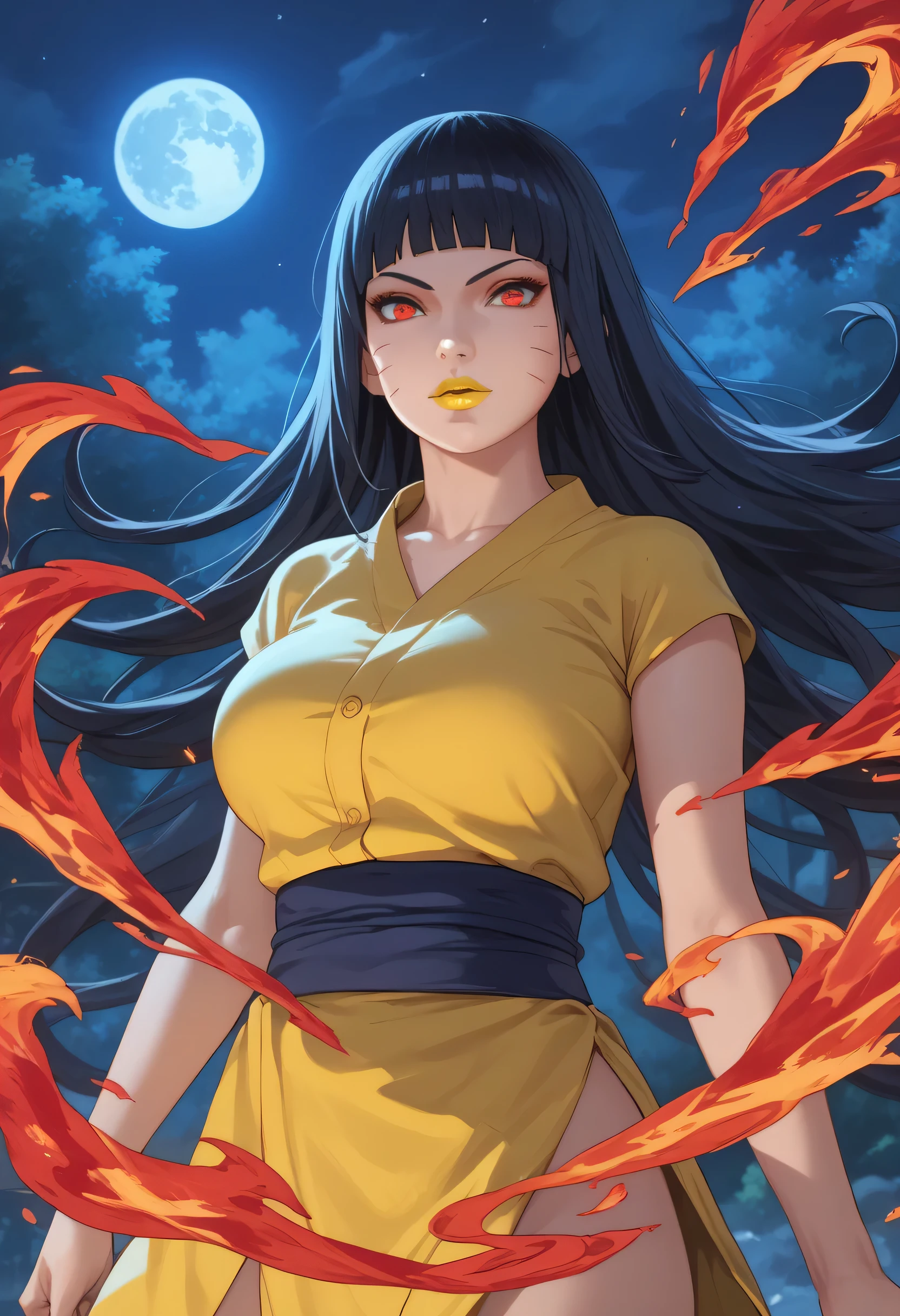 woman, big breasts, yellow lipstick, anime style, red eyes, black hair, white skin, long hair, red aura, Kurama mode, night, yellow blouse, red energy, body surrounded by energy, fox eyes, Kurama, Himawari Uzumaki, Naruto