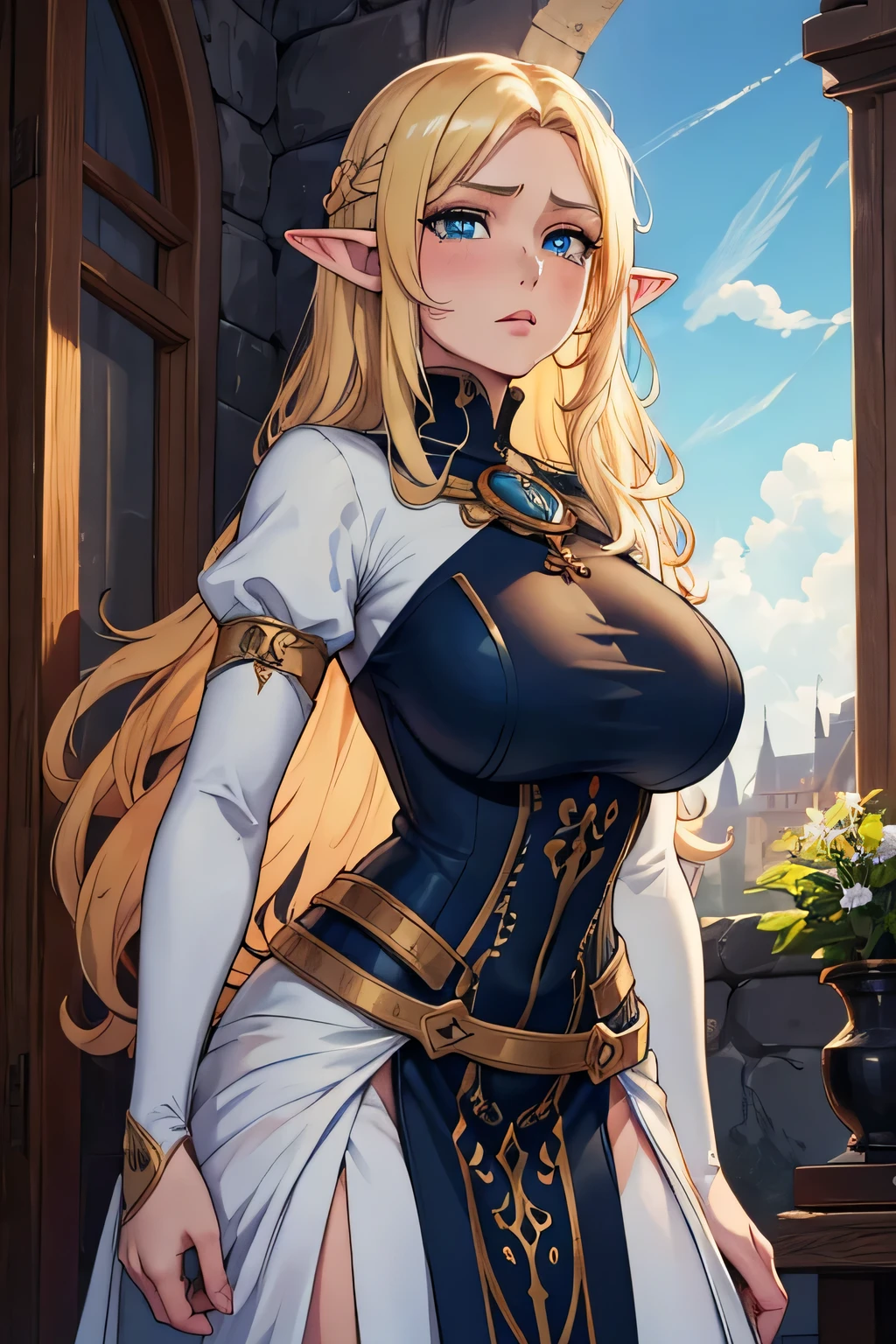 (1girl, solo:1.7), (elf), 10years old,(chuckle:1.5), (beautiful detailed brown eys:1.3), (blonde hair:1.5), long hair, fantasy background, fantasy ruins, upper body, huge breasts, BREAK (photo realistic:1.7), (masterpiece, top quality, best quality:1.4), (ultra detailed, absolutely resolution), ((16k, highres:1.5)), (high quality, cinematic, hyper realistic:1.5), BREAK (best impact:1.4), (Maximalism:1.6), (vivid contrast), (Ultra-luxurious light:1.2), (diffuse reflection:1.3), (high speed shutter, motion blur), (HDR, unity 16k wallpaper, extremely detailed CG, ultra highres, UHD, 1080P, HD, 4K, 8K:1.5),