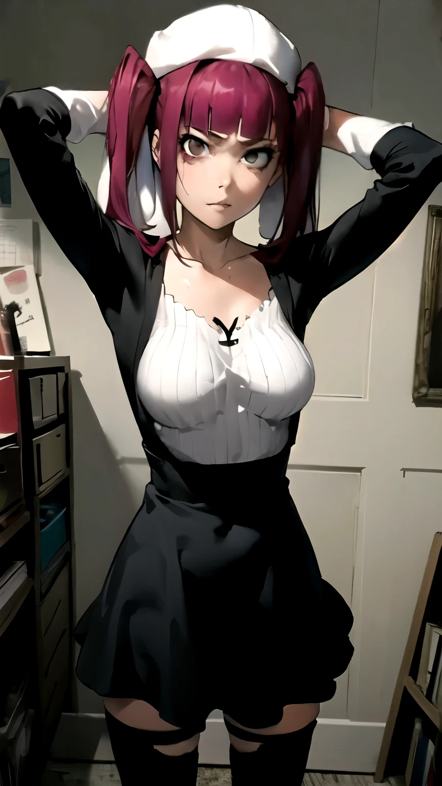 ((masterpiece,best quality)), {DATE_artstyle_LoRA : Manga_Style} {horror_edit} {horror_edit : creepy_room_aura} {horror_manga : gloomy} { rirukadokugamine :(purple hair, twintails, long hair, blunt bangs, cute), perfectly_shape_breast : perfectly_slender_body } { dress : black and white dress , hat, black_skirt : black thighhighs } {standing : arms_behind_head } { no_emotion : hypnotic_eyes : hypnotized_eyes : lazy_eyes} { sweating } { : dark otaku room : creepy : messy : toys and posters }