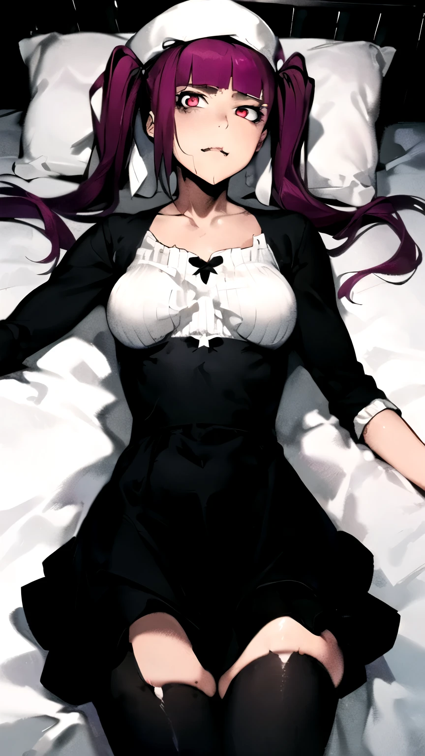 (((masterpiece,best quality)), {DATE_artstyle_LoRA : Manga_Style} {horror_edit} {horror_edit : creepy_room_aura} {horror_manga : gloomy} { rirukadokugamine :(purple hair, twintails, long hair, blunt bangs, cute), perfectly_shape_breast : perfectly_slender_body } { dress : black and white dress , hat, black_skirt : black thighhighs } } {lying_on_bed} { no_emotion : hypnotic_eyes : hypnotized_eyes } { sweating } { } : dark }