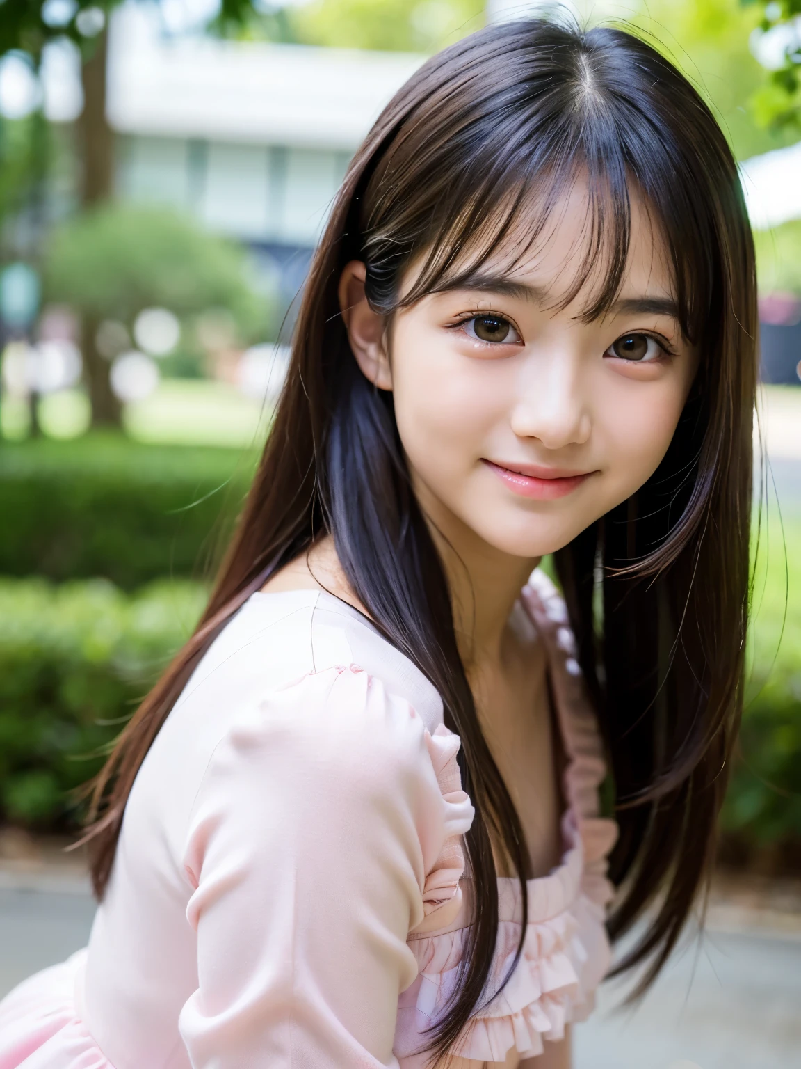 Best-quality, Masterpiece, Ultra-High-Resolution, (Photorealistic:1.4), Raw-Photo, 1girl, 15-years-old, the most famous Japanese idol, innocent smile, extremely cute face like the most popular Japanese idol, (((extremely beautiful big-black-eyes))), extremely beautiful black-hair, extremely beautiful long-eyelashes, extremely beautiful lips, extremely beautiful skins, detailed big-black-eyes