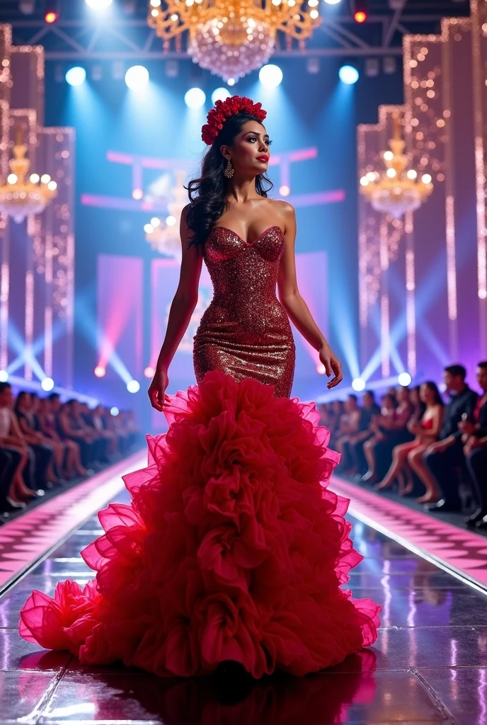 Em um luxuoso cassino, A stunning woman wears an exquisite dress adorned with heart symbols, embodying the royal presence of the Queen of Hearts. Rodeado por um pano de fundo de cartas de poker e fichas, She exudes confidence and seduction, convidando os jogadores a testar sua sorte e habilidades no jogo de azar.