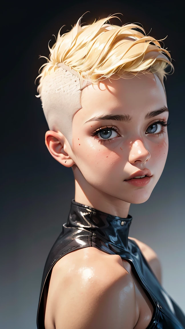 a 20 yo woman, blonde, (hi-top fade:1.3), dark theme, soothing tones, muted colors, high contrast, (natural skin texture, hyperrealism, soft light, sharp, perfect face)