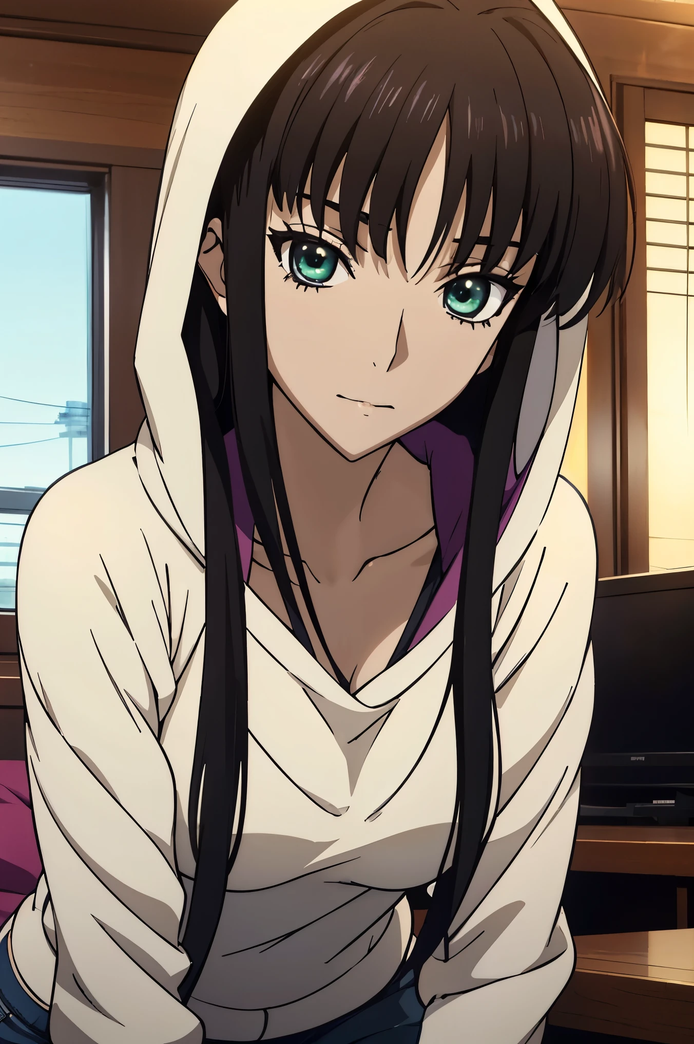 best quality , Face focus, soft light, super high definition, An Anime Girl Wearing a White Sweater and Jeans Standing in a Room, Another Iwakura, close up Another Iwakura, Destiny anime style /Stay, Katsuragi Misato, Hinata Hinata , Official anime scene photo , charming anime girl , anime best girl , Black Haired Girl Wearing a Hood , cute anime girl, Official Studio Anime Stills , green eyes, Jewel Eyes ,Cassis berry colored hair, fuchsia hair