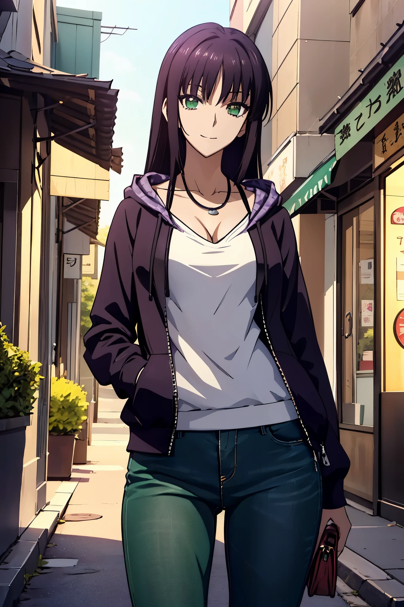 Makima ( chainsaw man ),Scathach ( destiny / Grand Order Required ), Tifa Lockhart , oconnor , Very Delicate and Beautiful CG Illustrations ,最 High Quality , Real Feel ,Realistic Fabric, realistic texture , Beautiful Thighs, big , constricted ,((( Masterpiece ))), (((最 High Quality ))),8k,32K, Masterpiece , Beautiful Attractive Anime Woman , Ultra Fine, Ultra Details , High Definition , Surreal High School Student , Masseter area , 最 High Quality , High Quality , high definition, High Quality のテクスチャ, High Quality の影, 高 Details, Details, One Girl,Alone,I, tall ,AS-Adult, adult ,Leg length, beautiful long legs ,8 heads,:171cm, mature girl , purple hair, purple hair, purple hair, Silky Smooth Hair , colorful hair, straight hair,smile,Laugh happily, enchanting expression above her eyes , Bewitching looks ,かわいいsmile,かわいいsmile,Cool Beauty, Beautiful Woman, beautiful faces , Beautiful realism, beautiful hair, necklace , neck accessories ,smile, colorful eyes , green eyes ,Jade green eyes, 人の beautiful eyes の上にいる viewers,bright eyes, beautiful eyes , Jewel Eyes ,Jade Eyes, droopy eyes ,( green eyes:1.5), charming face , viewers , mystical atmosphere ,フード付き白 hoodie ,JINS, jeans,blue pants , daytime, TAKE OUT ,Building Street, handbag , Like in the movies,Outdoors, Photos with beautiful lighting ,Interesting Details, anime style, hoodie , casual clothes ,((ブラック ローライズ スキニー ロング jeans)), hoodie ,(( Sweatshirt )),stroll,Building Street,sunlight, blue sky,最 High Quality , Face focus, soft light, super high definition, 白いセーターと jeansを着たアニメの女の子が部屋に立っている, Another Iwakura, close up Another Iwakura, 運命の anime style /Stay, Katsuragi Misato, Hinata Hinata , Official anime scene photo , charming anime girl , anime best girl , Black Haired Girl Wearing a Hood , cute anime girl, Official Studio Anime Stills , green eyes, Jewel Eyes ,Cassis berry colored hair,赤 purple hair