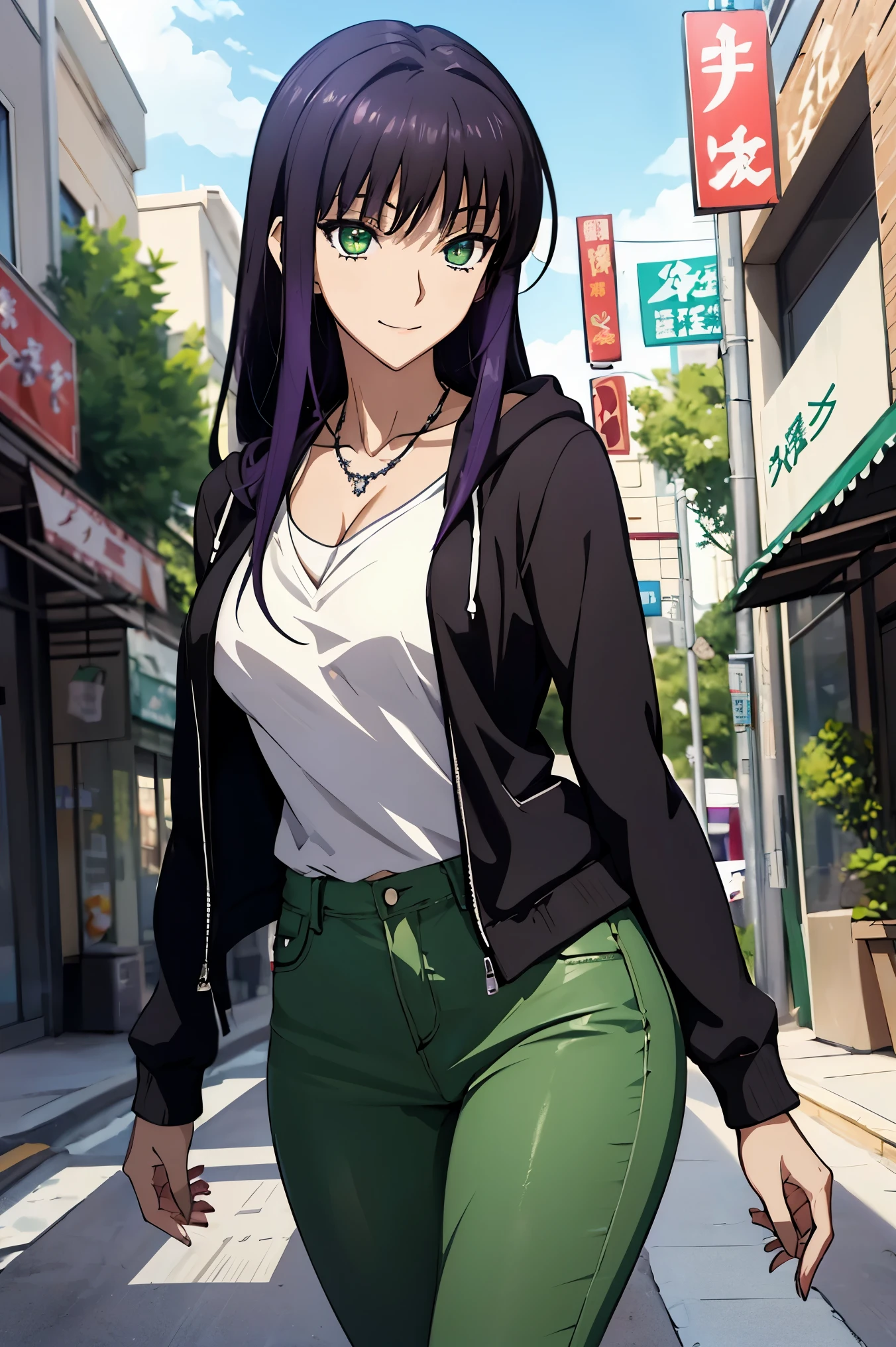 Makima ( chainsaw man ),Scathach ( destiny / Grand Order Required ), Tifa Lockhart , oconnor , Very Delicate and Beautiful CG Illustrations ,最 High Quality , Real Feel ,Realistic Fabric, realistic texture , Beautiful Thighs, big , constricted ,((( Masterpiece ))), (((最 High Quality ))),8k,32K, Masterpiece , Beautiful Attractive Anime Woman , Ultra Fine, Ultra Details , High Definition , Surreal High School Student , Masseter area , 最 High Quality , High Quality , high definition, High Quality のテクスチャ, High Quality の影, 高 Details, Details, One Girl,Alone,I, tall ,AS-Adult, adult ,Leg length, beautiful long legs ,8 heads,:171cm, mature girl , purple hair, purple hair, purple hair, Silky Smooth Hair , colorful hair, straight hair,smile,Laugh happily, enchanting expression above her eyes , Bewitching looks ,かわいいsmile,かわいいsmile,Cool Beauty, Beautiful Woman, beautiful faces , Beautiful realism, beautiful hair, necklace , neck accessories ,smile, colorful eyes , green eyes ,Jade green eyes, 人の beautiful eyes の上にいる viewers,bright eyes, beautiful eyes , Jewel Eyes ,Jade Eyes, droopy eyes ,( green eyes:1.5), charming face , viewers , mystical atmosphere ,フード付き白 hoodie ,JINS, jeans,blue pants , daytime, TAKE OUT ,Building Street, handbag , Like in the movies,Outdoors, Photos with beautiful lighting ,Interesting Details, anime style, hoodie , casual clothes ,((ブラック ローライズ スキニー ロング jeans)), hoodie ,(( Sweatshirt )),stroll,Building Street,sunlight, blue sky,最 High Quality , Face focus, soft light, super high definition, 白いセーターと jeansを着たアニメの女の子が部屋に立っている, Another Iwakura, close up Another Iwakura, 運命の anime style /Stay, Katsuragi Misato, Hinata Hinata , Official anime scene photo , charming anime girl , anime best girl , Black Haired Girl Wearing a Hood , cute anime girl, Official Studio Anime Stills , green eyes, Jewel Eyes ,Cassis berry colored hair,赤 purple hair