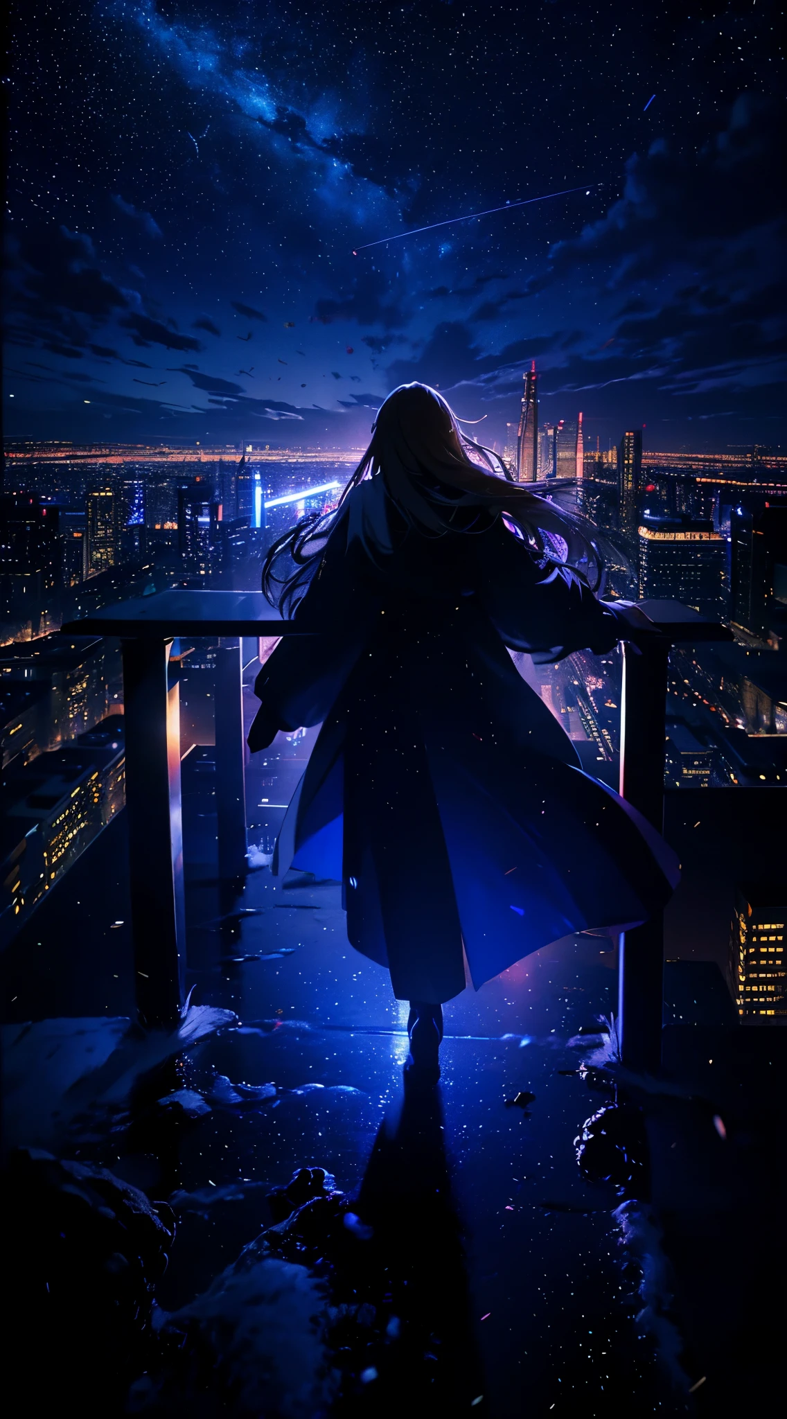 1people々々々々々々々々々々々々,Blonde long-haired woman,Long coat, Dress Silhouette, Rear View,Space Sky, comet, Anime Style, City night view from the rooftop,A pillar of light stretching into space,