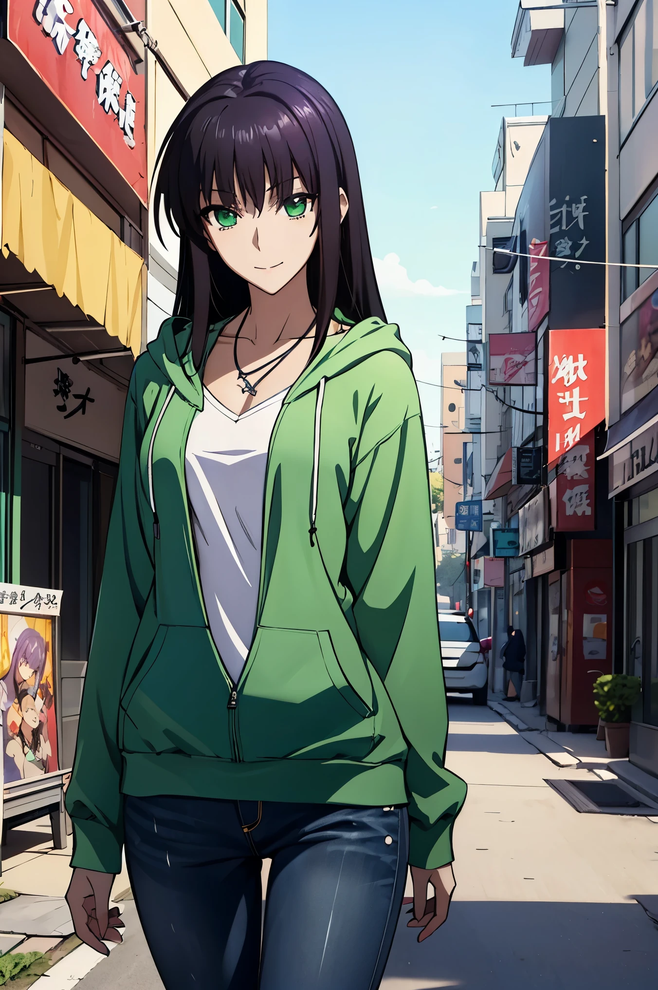 Makima ( chainsaw man ),Scathach ( destiny / Grand Order Required ), Tifa Lockhart , oconnor , Very Delicate and Beautiful CG Illustrations ,最 High Quality , Real Feel ,Realistic Fabric, realistic texture , Beautiful Thighs, big , constricted ,((( Masterpiece ))), (((最 High Quality ))),8k,32K, Masterpiece , Beautiful Attractive Anime Woman , Ultra Fine, Ultra Details , High Definition , Surreal High School Student , Masseter area , 最 High Quality , High Quality , high definition, High Quality のテクスチャ, High Quality の影, 高 Details, Details, One Girl,Alone,I, tall ,AS-Adult, adult ,Leg length, beautiful long legs ,8 heads,:171cm, mature girl , purple hair, purple hair, purple hair, Silky Smooth Hair , colorful hair, straight hair,smile,Laugh happily, enchanting expression above her eyes , Bewitching looks ,かわいいsmile,かわいいsmile,Cool Beauty, Beautiful Woman, beautiful faces , Beautiful realism, beautiful hair, necklace , neck accessories ,smile, colorful eyes , green eyes ,Jade green eyes, 人の beautiful eyes の上にいる viewers,bright eyes, beautiful eyes , Jewel Eyes ,Jade Eyes, droopy eyes ,( green eyes:1.5), charming face , viewers , mystical atmosphere ,フード付き白 hoodie ,JINS, jeans,blue pants , daytime, TAKE OUT ,Building Street, handbag , Like in the movies,Outdoors, Photos with beautiful lighting ,Interesting Details, anime style, hoodie , casual clothes ,((ブラック ローライズ スキニー ロング jeans)), hoodie ,(( Sweatshirt )),stroll,Building Street,sunlight, blue sky,最 High Quality , Face focus, soft light, super high definition, 白いセーターと jeansを着たアニメの女の子が部屋に立っている, Another Iwakura, close up Another Iwakura, 運命の anime style /Stay, Katsuragi Misato, Hinata Hinata , Official anime scene photo , charming anime girl , anime best girl , Black Haired Girl Wearing a Hood , cute anime girl, Official Studio Anime Stills , green eyes, Jewel Eyes ,Cassis berry colored hair,赤 purple hair