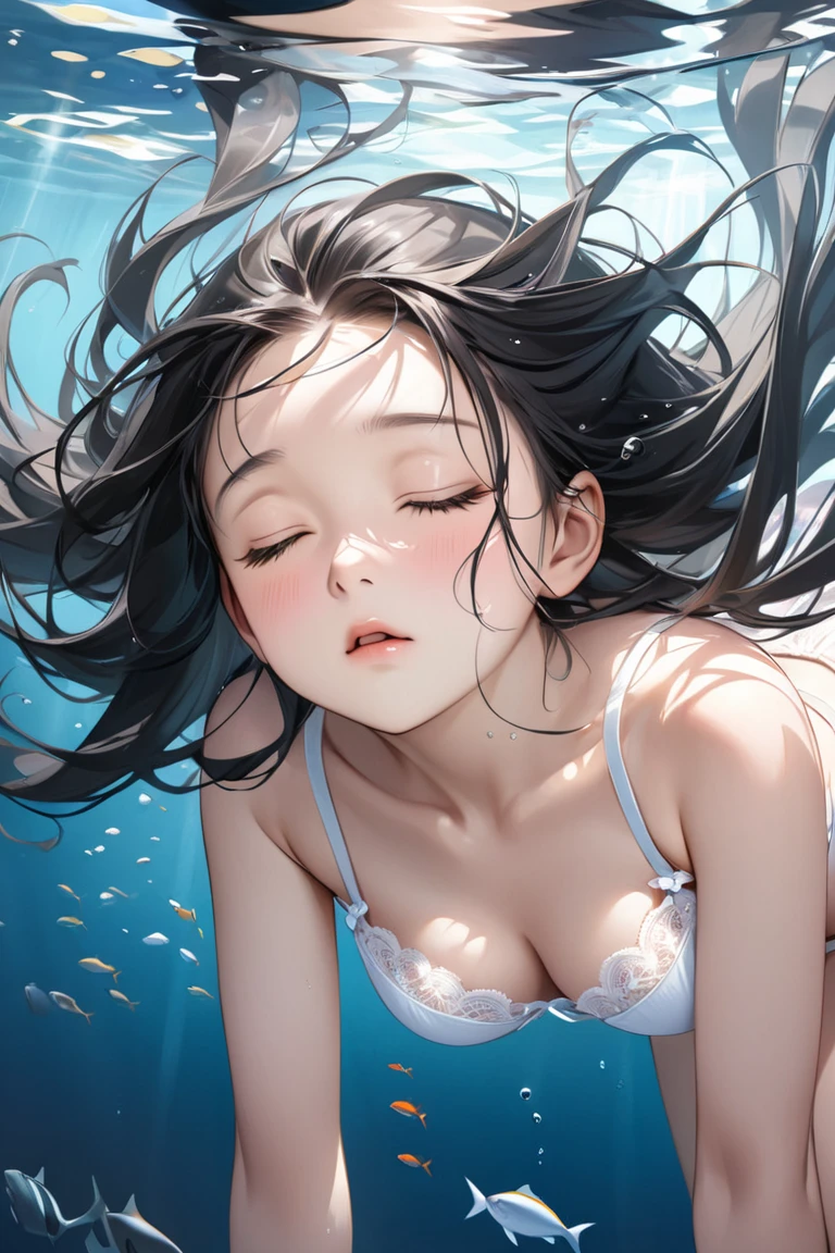 Sleeping girl, 22 years old, realistic, sleeping on a crystal bed in the water under the sea, she is wearing long pants, pink pajamas, brown hair, the water is clear, bubbles.