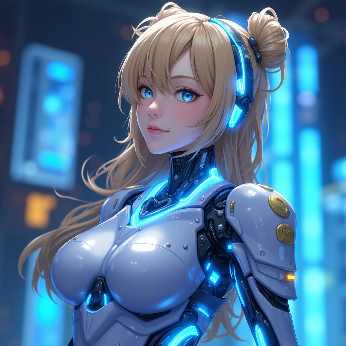 (high quality, High resolution, Fine details), Realistic, ((Futuristic galactic bodysuit)), Detailed Galaxy, alone, Curvy Women, Blonde, Sparkling eyes, (Fine grain), smile, blush, Sweat, Oily skin, Shallow depth of field