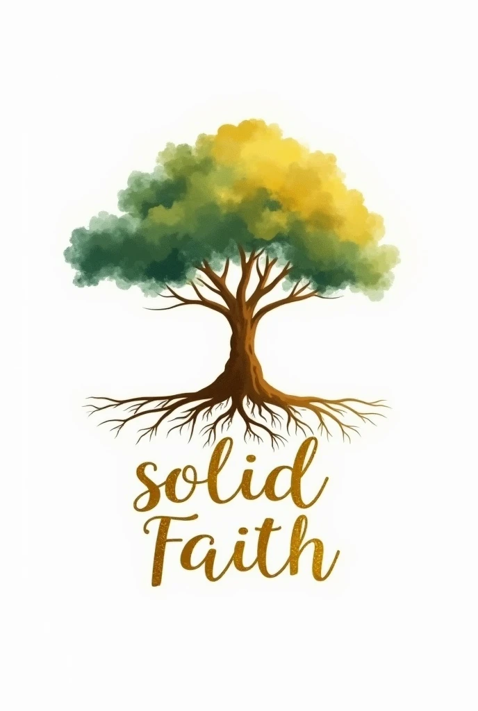  I would like to create a minimalist logo for a religious  called "Solid Faith" need the logo to be represented by a tree with a mix of green tones, yellow and gold ,  should also appear the strong roots of the tree that will intertwine with the golden letters of the name ,  and with a cursive typeface , elegant and legible. Water color with a white background 