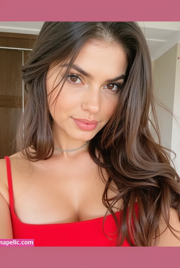((best quality)), ((masterpiece)), (detailed), perfect face sexy young brunette girl , rich girl, sexy RED dress, with smile, fun vibe, high quality, , sexy young brunette girl,very realistic  