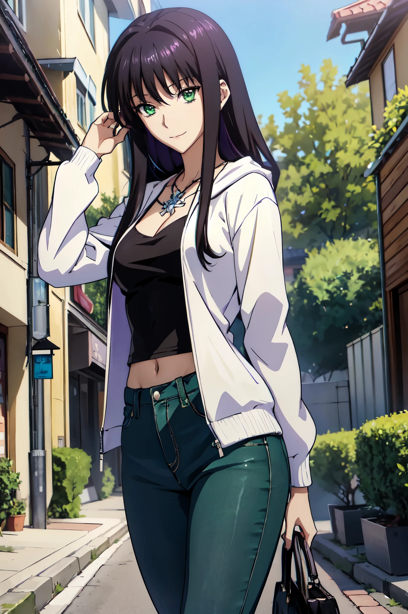 Makima ( chainsaw man ),Scathach ( destiny / Grand Order Required ), Tifa Lockhart , oconnor , Very Delicate and Beautiful CG Illustrations ,最 High Quality , Real Feel ,Realistic Fabric, realistic texture , Beautiful Thighs, big , constricted ,((( Masterpiece ))), (((最 High Quality ))),8k,32K, Masterpiece , Beautiful Attractive Anime Woman , Ultra Fine, Ultra Details , High Definition , Surreal High School Student , Masseter area , 最 High Quality , High Quality , high definition, High Quality のテクスチャ, High Quality の影, 高 Details, Details, One Girl,Alone,I, tall ,AS-Adult, adult ,Leg length, beautiful long legs ,8 heads,:171cm, mature girl , purple hair, purple hair, purple hair, Silky Smooth Hair , colorful hair, straight hair,smile,Laugh happily, enchanting expression above her eyes , Bewitching looks ,かわいいsmile,かわいいsmile,Cool Beauty, Beautiful Woman, beautiful faces , Beautiful realism, beautiful hair, necklace , neck accessories ,smile, colorful eyes , green eyes ,Jade green eyes, 人の beautiful eyes の上にいる viewers,bright eyes, beautiful eyes , Jewel Eyes ,Jade Eyes, droopy eyes ,( green eyes:1.5), charming face , viewers , mystical atmosphere ,フード付き白 hoodie ,JINS, jeans,blue pants , daytime, TAKE OUT ,Building Street, handbag , Like in the movies,Outdoors, Photos with beautiful lighting ,Interesting Details, anime style, hoodie , casual clothes ,((ブラック ローライズ スキニー ロング jeans)), hoodie ,(( Sweatshirt )),stroll,Building Street,sunlight, blue sky,最 High Quality , Face focus, soft light, super high definition, 白いセーターと jeansを着たアニメの女の子が部屋に立っている, Another Iwakura, close up Another Iwakura, 運命の anime style /Stay, Katsuragi Misato, Hinata Hinata , Official anime scene photo , charming anime girl , anime best girl , Black Haired Girl Wearing a Hood , cute anime girl, Official Studio Anime Stills , green eyes, Jewel Eyes ,Cassis berry colored hair,赤 purple hair