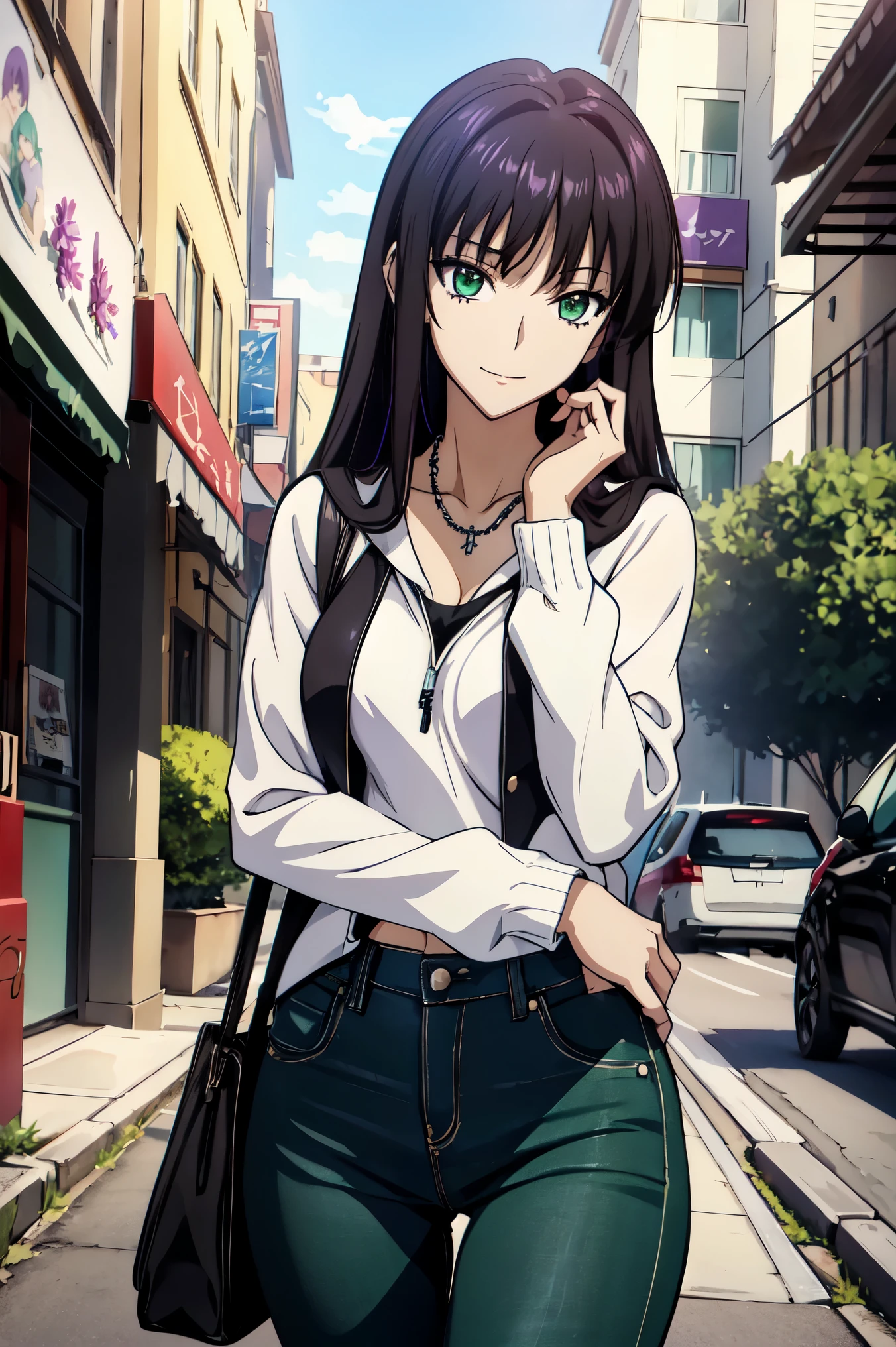 Makima ( chainsaw man ),Scathach ( destiny / Grand Order Required ), Tifa Lockhart , oconnor , Very Delicate and Beautiful CG Illustrations ,最 High Quality , Real Feel ,Realistic Fabric, realistic texture , Beautiful Thighs, big , constricted ,((( Masterpiece ))), (((最 High Quality ))),8k,32K, Masterpiece , Beautiful Attractive Anime Woman , Ultra Fine, Ultra Details , High Definition , Surreal High School Student , Masseter area , 最 High Quality , High Quality , high definition, High Quality のテクスチャ, High Quality の影, 高 Details, Details, One Girl,Alone,I, tall ,AS-Adult, adult ,Leg length, beautiful long legs ,8 heads,:171cm, mature girl , purple hair, purple hair, purple hair, Silky Smooth Hair , colorful hair, straight hair,smile,Laugh happily, enchanting expression above her eyes , Bewitching looks ,かわいいsmile,かわいいsmile,Cool Beauty, Beautiful Woman, beautiful faces , Beautiful realism, beautiful hair, necklace , neck accessories ,smile, colorful eyes , green eyes ,Jade green eyes, 人の beautiful eyes の上にいる viewers,bright eyes, beautiful eyes , Jewel Eyes ,Jade Eyes, droopy eyes ,( green eyes:1.5), charming face , viewers , mystical atmosphere ,フード付き白 hoodie ,JINS, jeans,blue pants , daytime, TAKE OUT ,Building Street, handbag , Like in the movies,Outdoors, Photos with beautiful lighting ,Interesting Details, anime style, hoodie , casual clothes ,((ブラック ローライズ スキニー ロング jeans)), hoodie ,(( Sweatshirt )),stroll,Building Street,sunlight, blue sky,最 High Quality , Face focus, soft light, super high definition, 白いセーターと jeansを着たアニメの女の子が部屋に立っている, Another Iwakura, close up Another Iwakura, 運命の anime style /Stay, Katsuragi Misato, Hinata Hinata , Official anime scene photo , charming anime girl , anime best girl , Black Haired Girl Wearing a Hood , cute anime girl, Official Studio Anime Stills , green eyes, Jewel Eyes ,Cassis berry colored hair,赤 purple hair