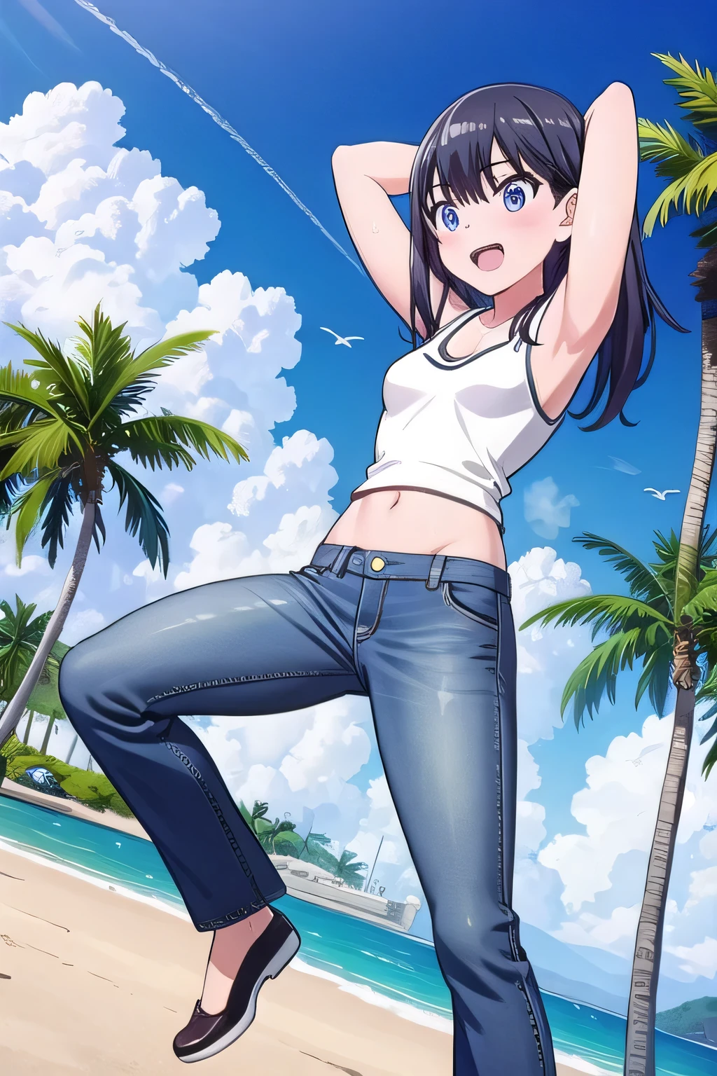 masterpiece,best quality,ultra detail, ((Perfect Face, Perfect Arms, Perfect hands, Perfect Fingers)), 1girl, , peti ((round face, ecstasy, orgasm face, drooping eyes, shame smiling, blush)), dropping eyes, sleepy, Open mouth, ((White teeth)), background((under the beach, (day:1.2), palm tree, bright sky)), rikka takarada, black hair, blue eyes, long hair, ((arms behind head, hands behind head, fingers behind head)), contrapposto, spread armpits, looking at viewer,, (white tank top:1.2), (white crop top:1.2), (jeans pants:1.2, flares jeans:1.2, skinny jeans:1.2, blue jeans:1.2), standing, (legs spread:1.4), sex pose, Sweaty crotch, Steam from the crotch, from below, ((full medium body))