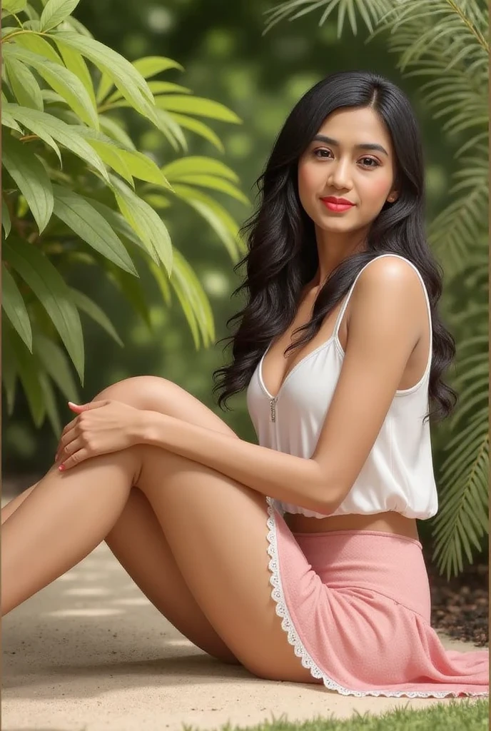 An elegant Indian ((milf)) ((indian aunty)) sits on a sunlit terrace, basking in the warmth of a tropical morning. She exudes an air of natural beauty and confidence, celebrating her curves. The lush greenery surrounding her provides a vibrant backdrop, with colorful birds adding a touch of exotic allure. Her dark hair flows gracefully down her back, framing her face with a playful tenderness. Photographed by Ritu Raj, using a Nikon Z7 with a 85mm lens, the lighting is bathed in soft, natural sunlight, casting a warm and inviting glow. 8K, Ultra-HD, Super-Resolution.