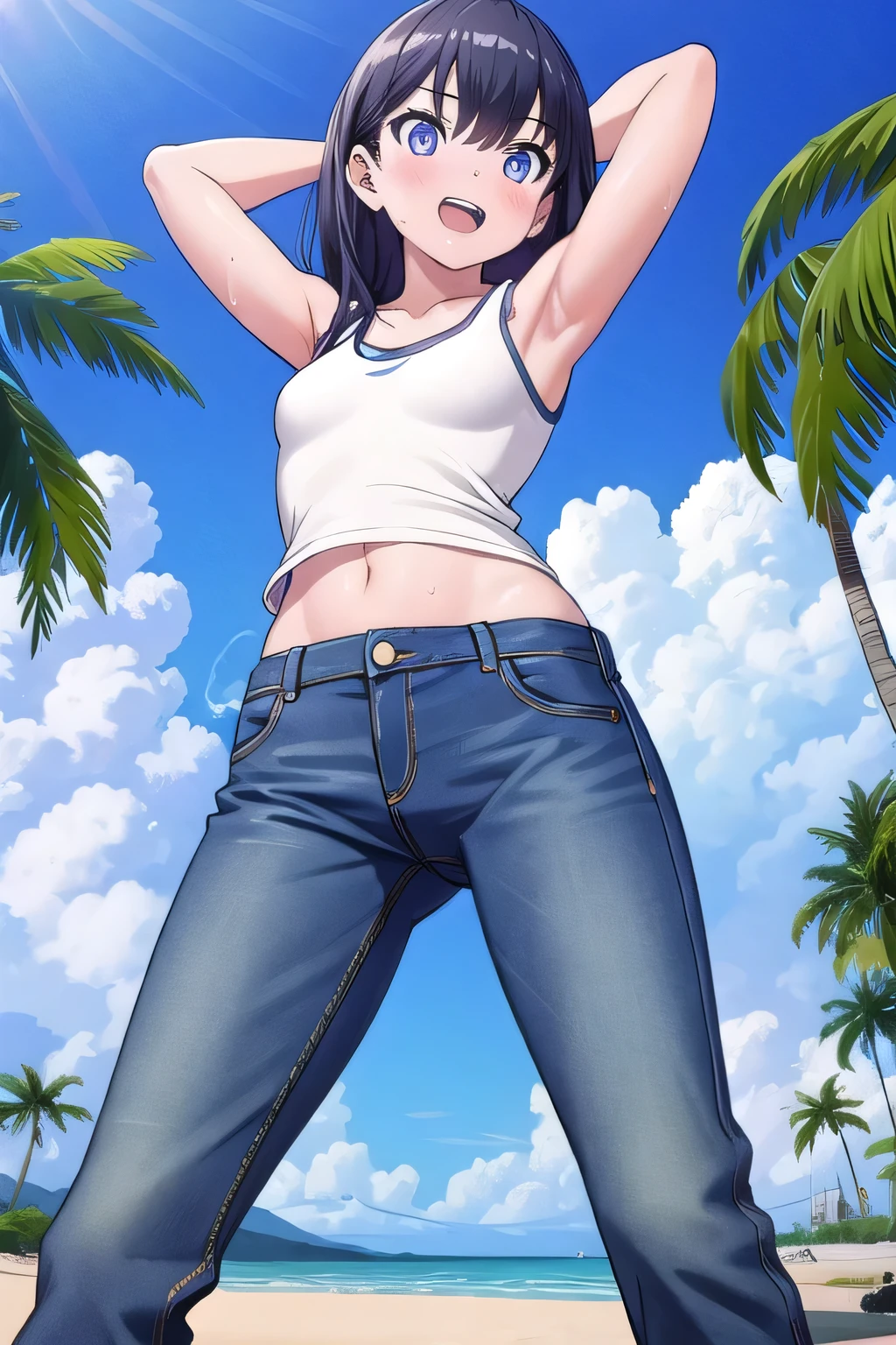 masterpiece,best quality,ultra detail, ((Perfect Face, Perfect Arms, Perfect hands, Perfect Fingers)), 1girl, , peti ((round face, ecstasy, orgasm face, drooping eyes, shame smiling, blush)), dropping eyes, sleepy, Open mouth, ((White teeth)), background((under the beach, (day:1.2), palm tree, bright sky)), rikka takarada, black hair, blue eyes, long hair, ((arms behind head, hands behind head, fingers behind head)), contrapposto, spread armpits, looking at viewer,, (white tank top:1.2), (white crop top:1.2), (jeans pants:1.2, flares jeans:1.2, skinny jeans:1.2, blue jeans:1.2), standing, (legs spread:1.4), sex pose, Sweaty crotch, Steam from the crotch, from below, ((full medium body))