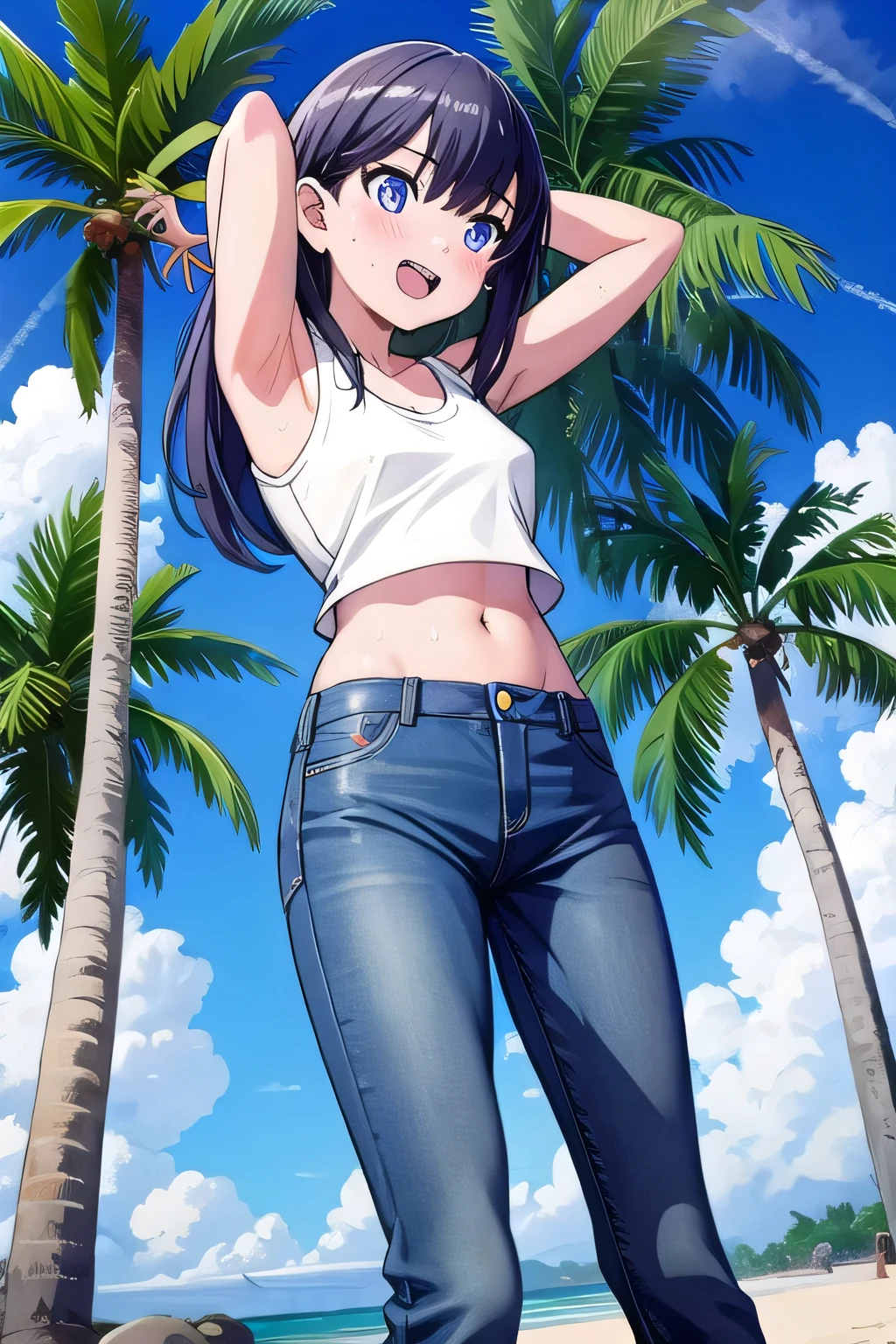 masterpiece,best quality,ultra detail, ((Perfect Face, Perfect Arms, Perfect hands, Perfect Fingers)), 1girl, , peti ((round face, ecstasy, orgasm face, drooping eyes, shame smiling, blush)), dropping eyes, sleepy, Open mouth, ((White teeth)), background((under the beach, (day:1.2), palm tree, bright sky)), rikka takarada, black hair, blue eyes, long hair, ((arms behind head, hands behind head, fingers behind head)), contrapposto, spread armpits, looking at viewer,, (white tank top:1.2), (white crop top:1.2), (jeans pants:1.2, flares jeans:1.2, skinny jeans:1.2, blue jeans:1.2), standing, (legs spread:1.4), sex pose, Sweaty crotch, Steam from the crotch, from below, ((full medium body))