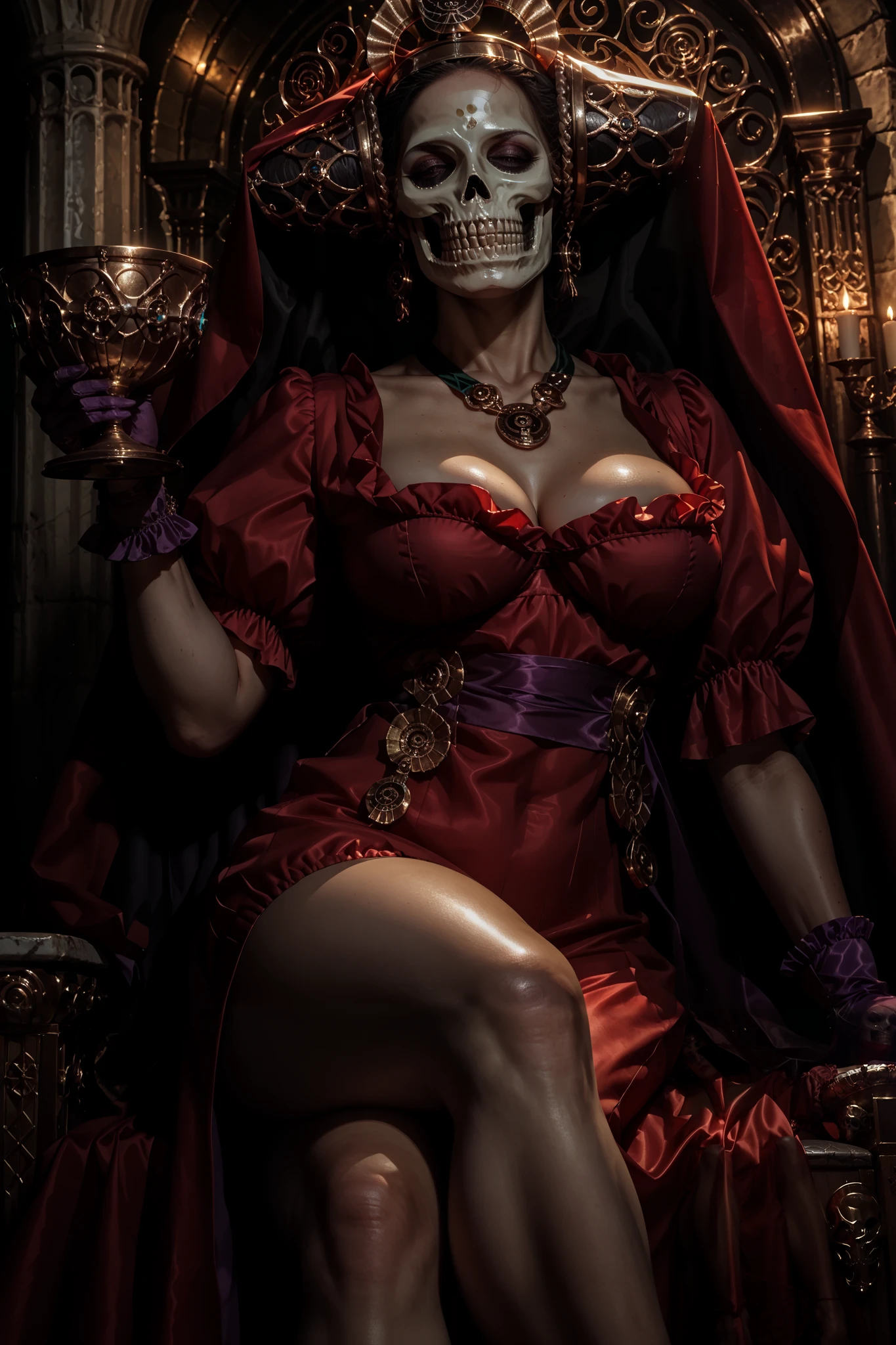 "(Best lighting, dark, dramatic),(Geisha skull spitting in red ink, scar, sexy, brain, Blood, In the head, terrorism.),(Red eyes, Calaveras). Morning light. (The sword penetrates the body)