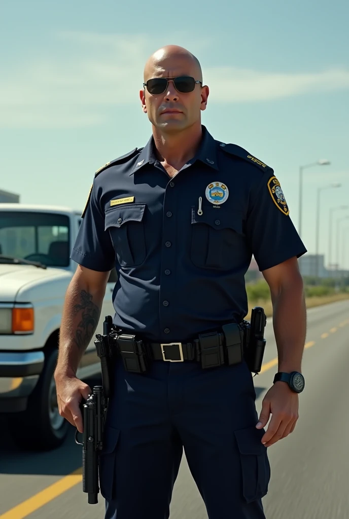 standing next to a police cruiser, ginger hair, ConnorMaguire, black-color, dress shirt, belt, pants, badge, masterpiece, (((full body portrait))) <lora:Clothing - Sexy Police Officer:0.65> <lora:ConnorMaguire:0.8>